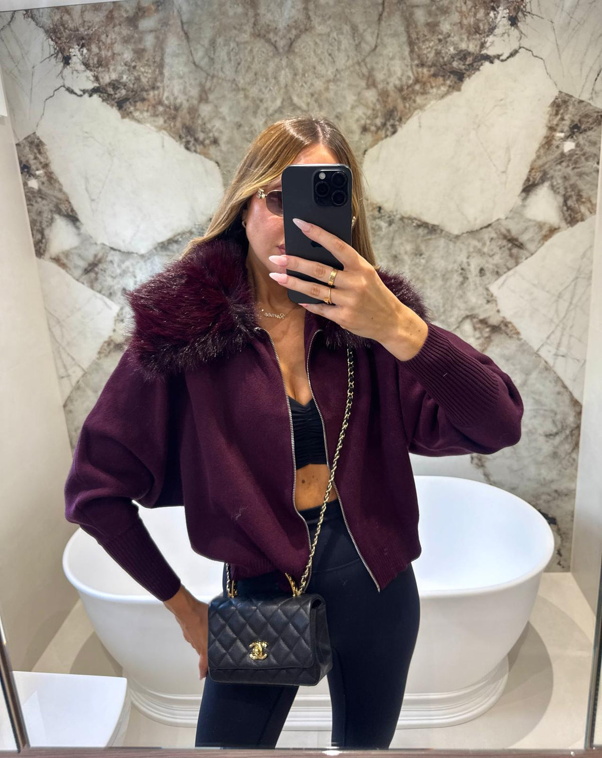Collar fur cardigan - wine