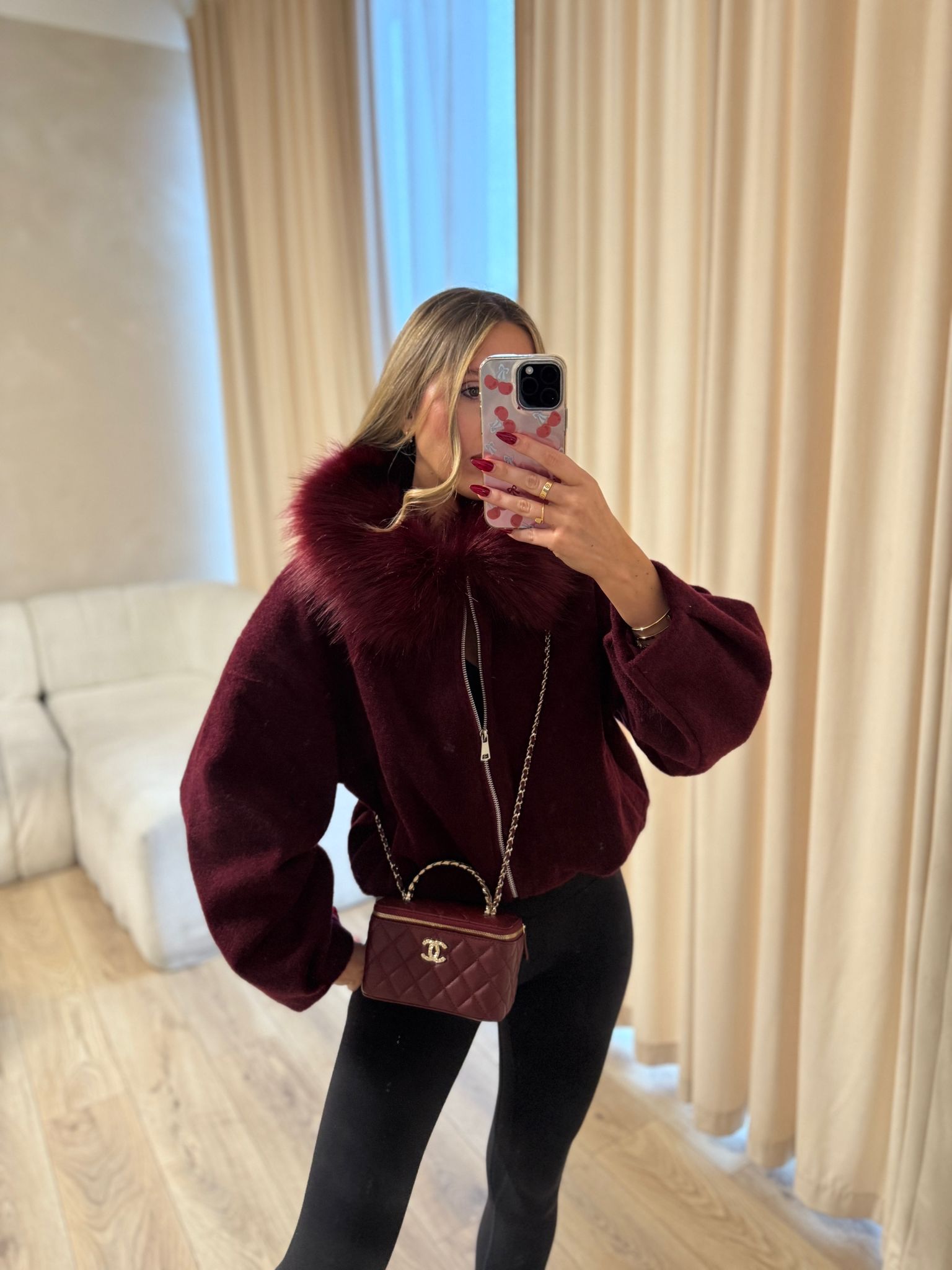 FIFI fur collar jacket - wine