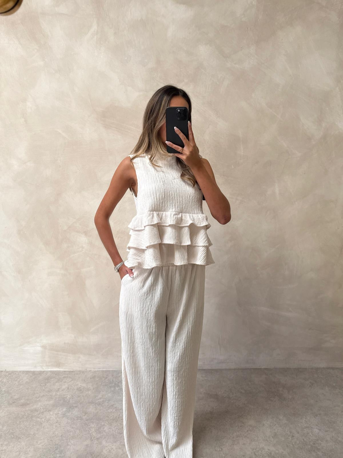 Frill Top trouser set - cream