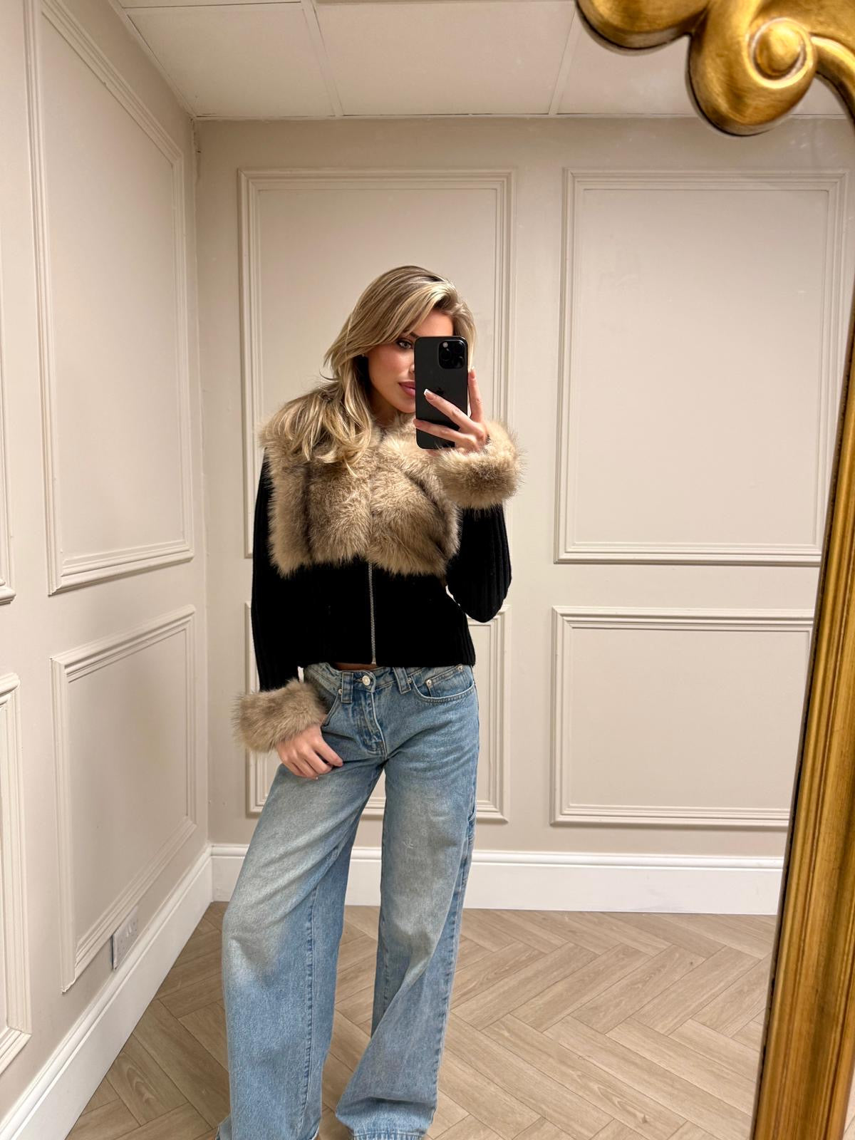 Luxury fur cuff cardigan - black