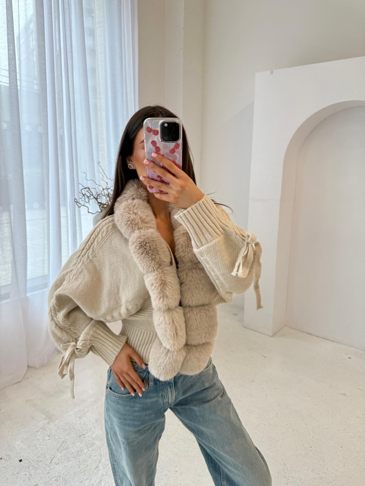 Knit fur cardigan - cream