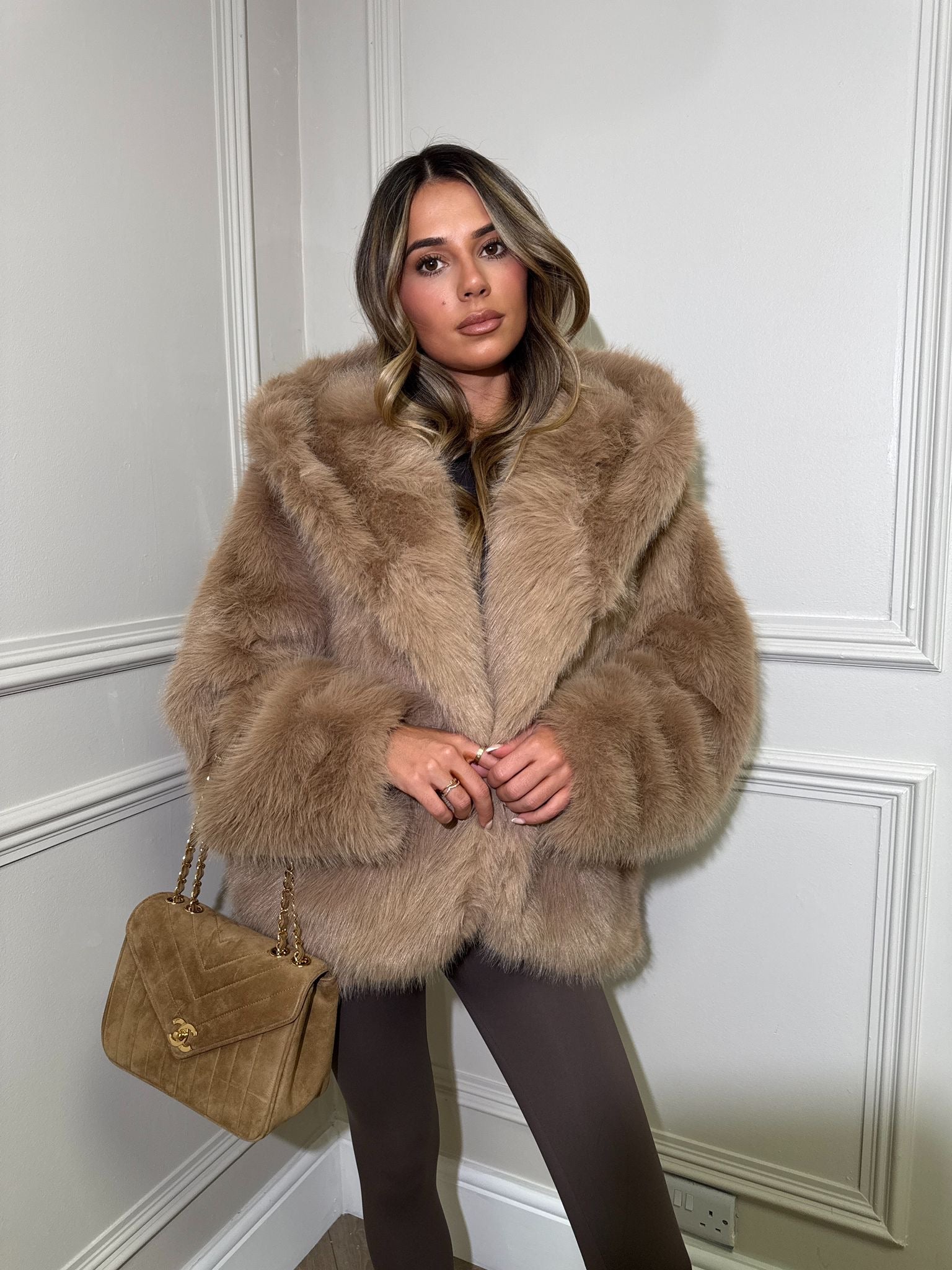 Hood Faux Fur Coat - camel