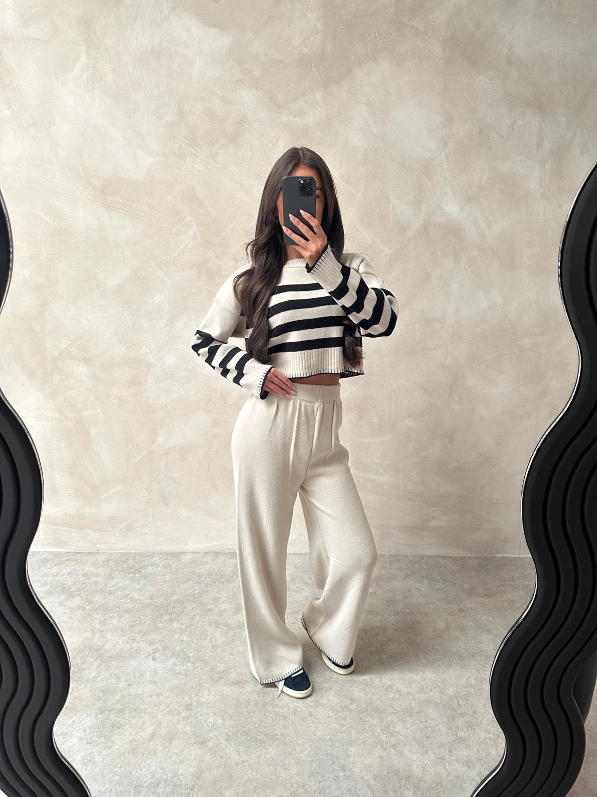 Knit stripe crop lounge set - cream