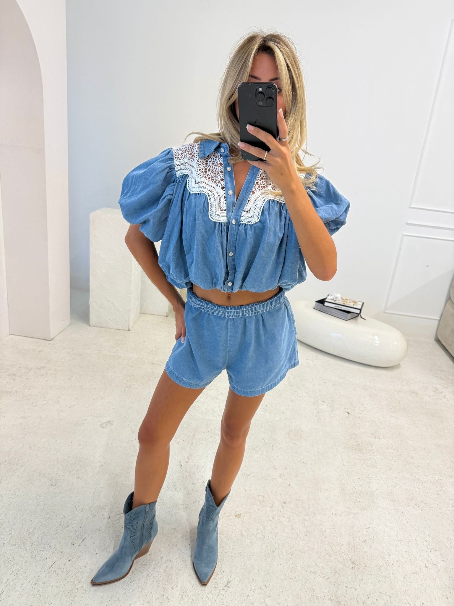 Denim with crochet trim co-ord