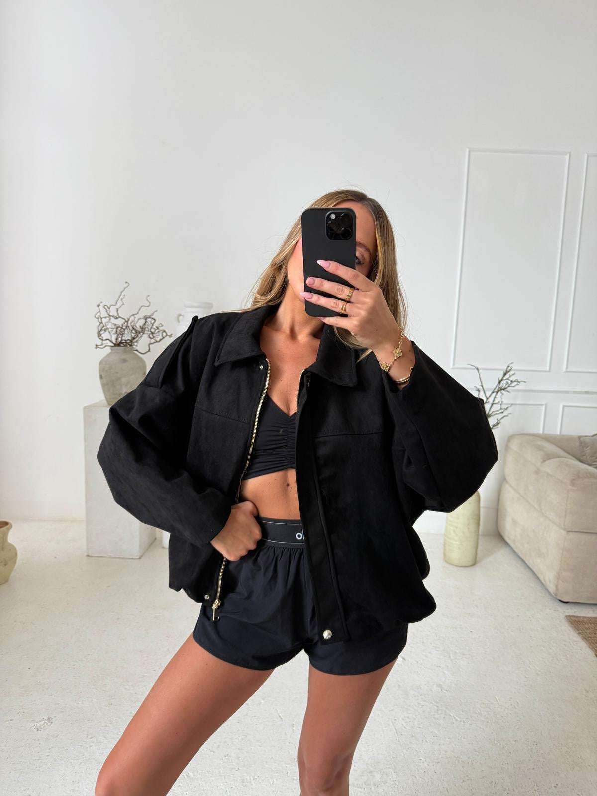 Suede zip jacket - black