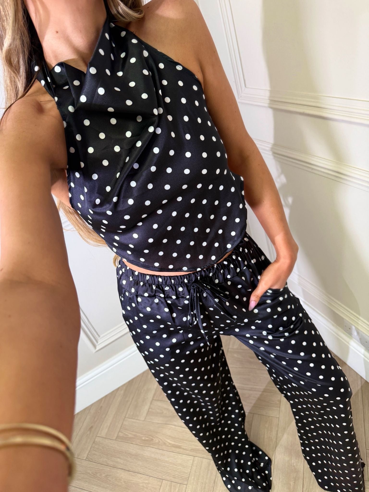 Halterneck dot trouser set - black