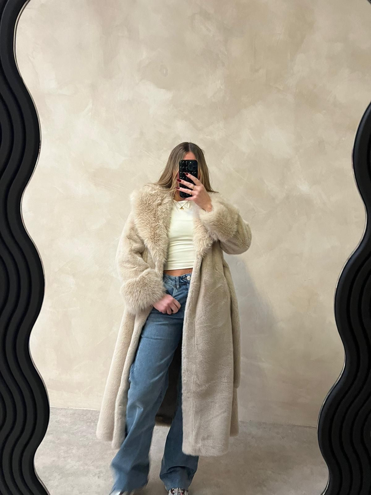 Luxury belted faux fur coat - cream