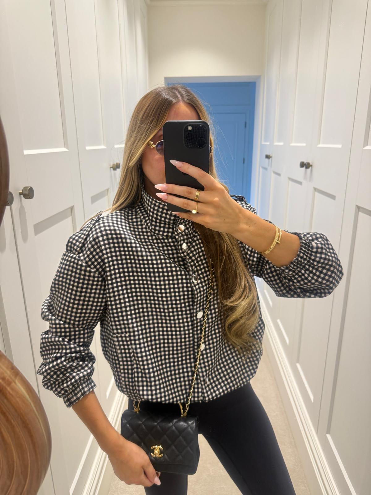 Silver button gingham jacket - black