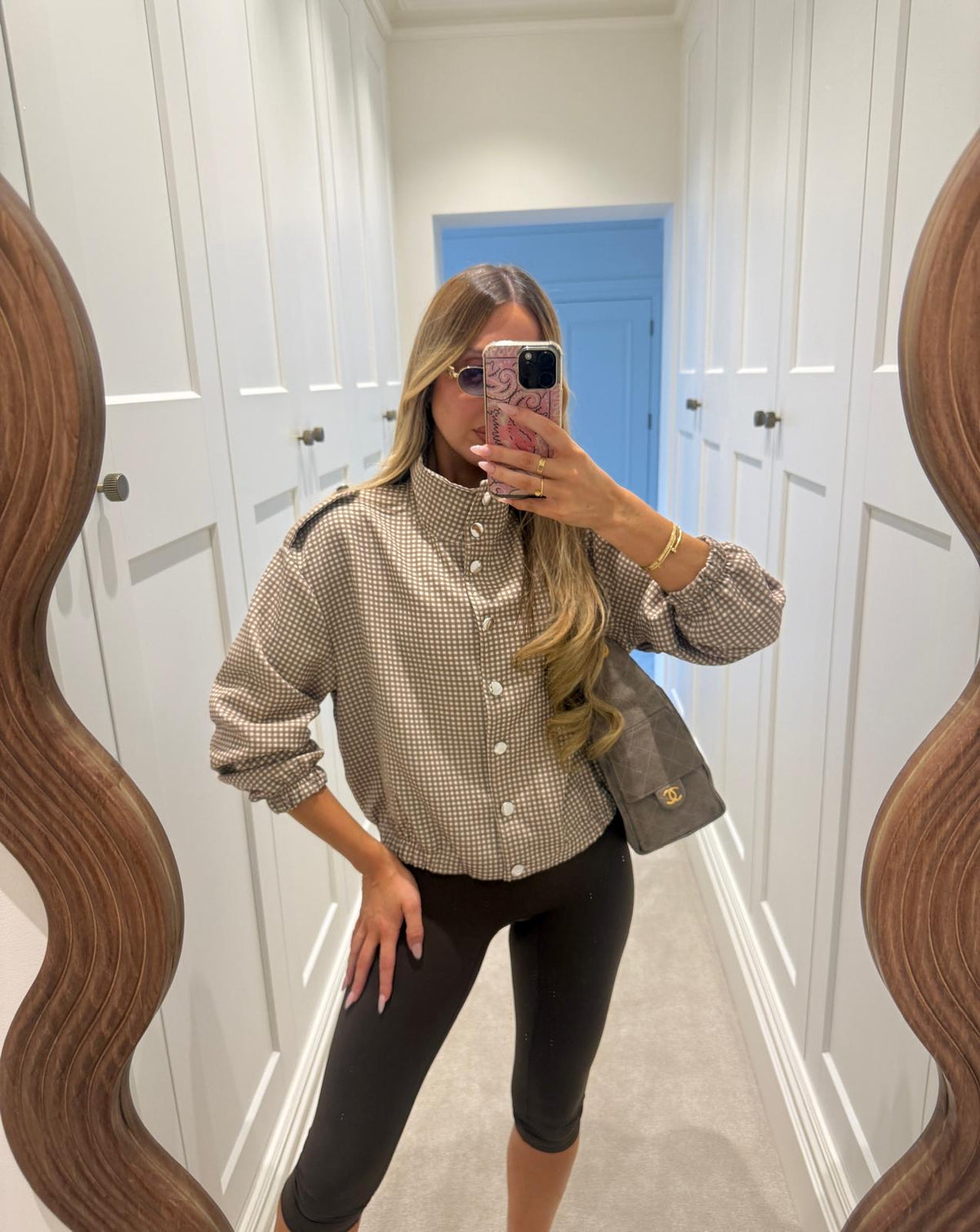 Silver button gingham jacket - beige