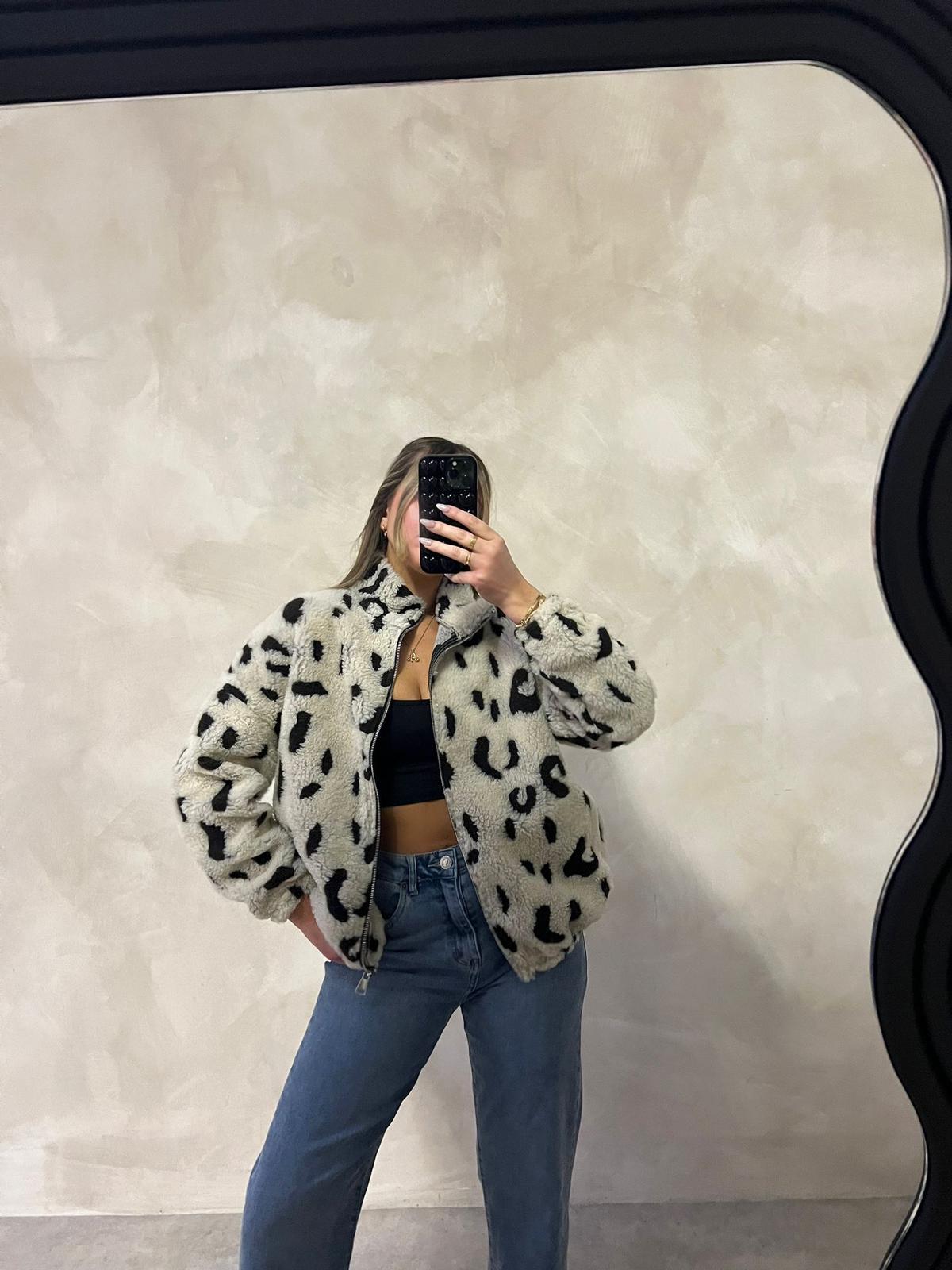 animal print teddy zip jacket - cream