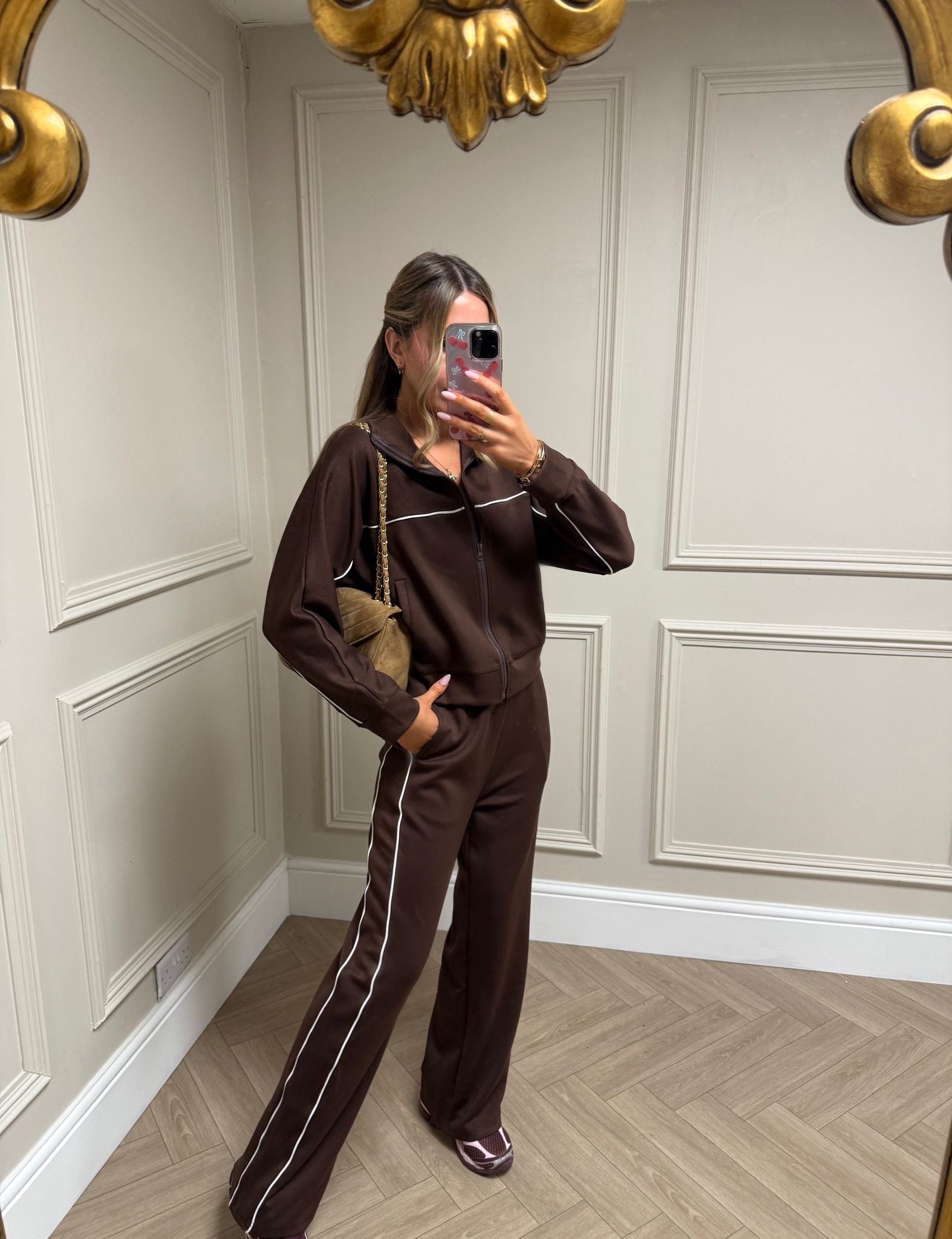 Zip up piping tracksuit - brown
