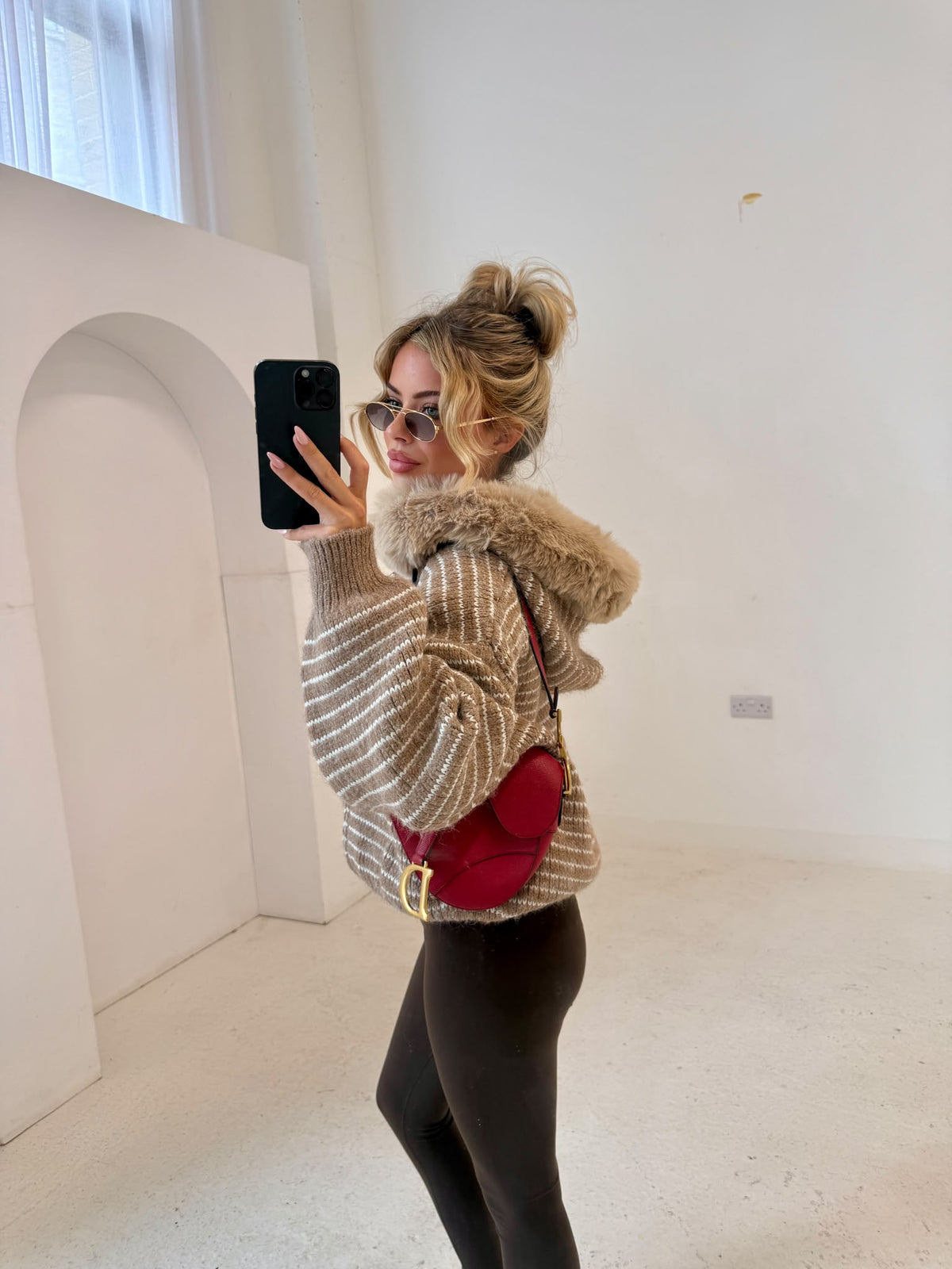 Stripe faux fur cardigan - beige