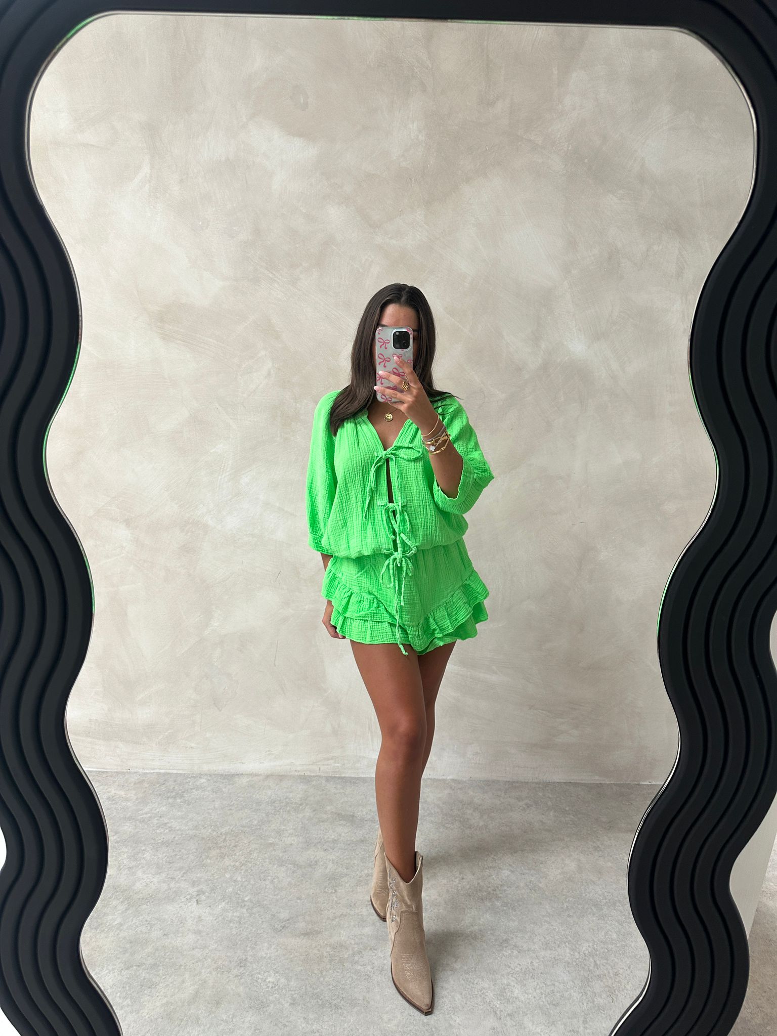 Neon Tie short sleeve cheesecloth playsuit - green