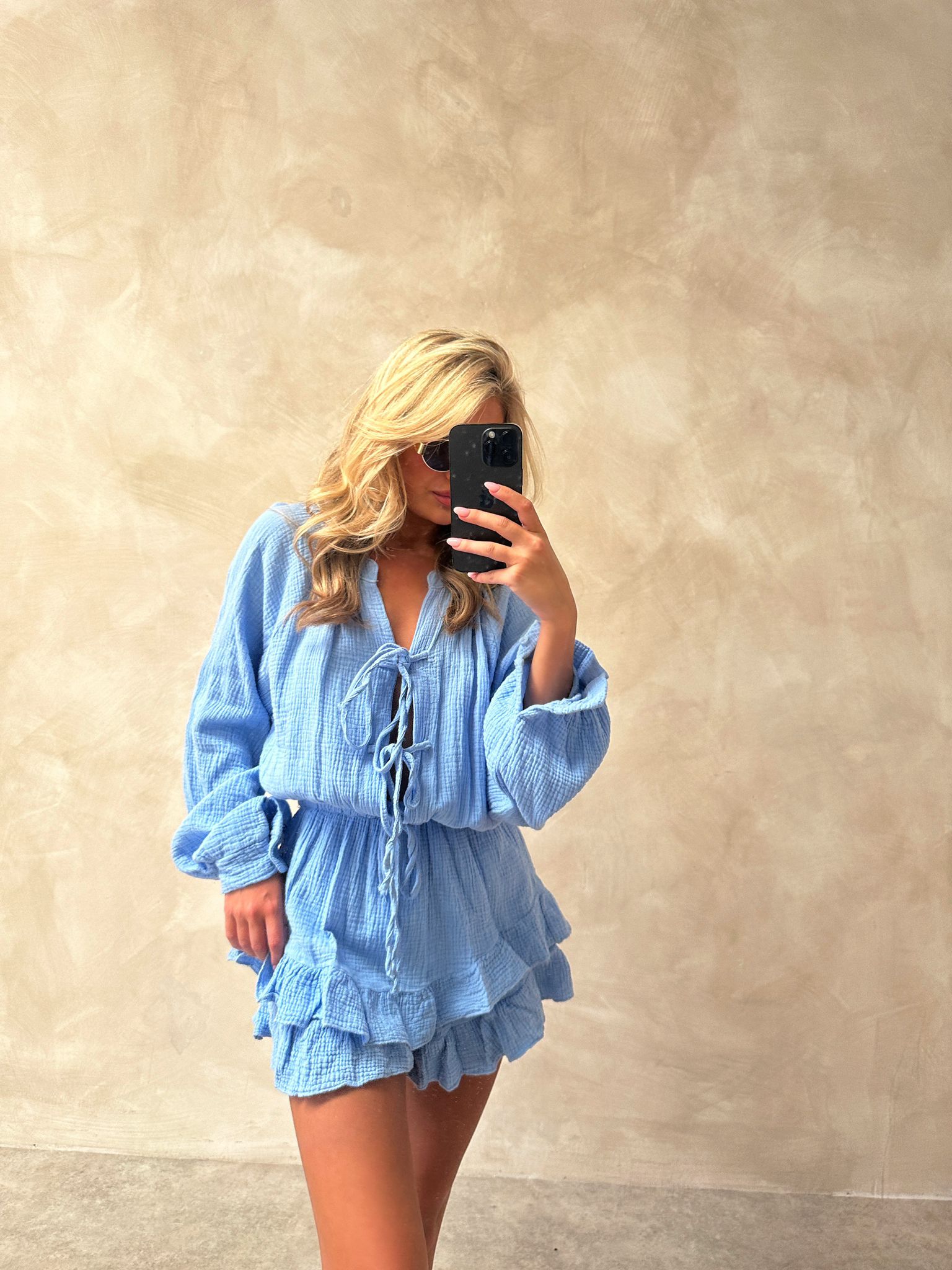 Tie cheesecloth playsuit - blue