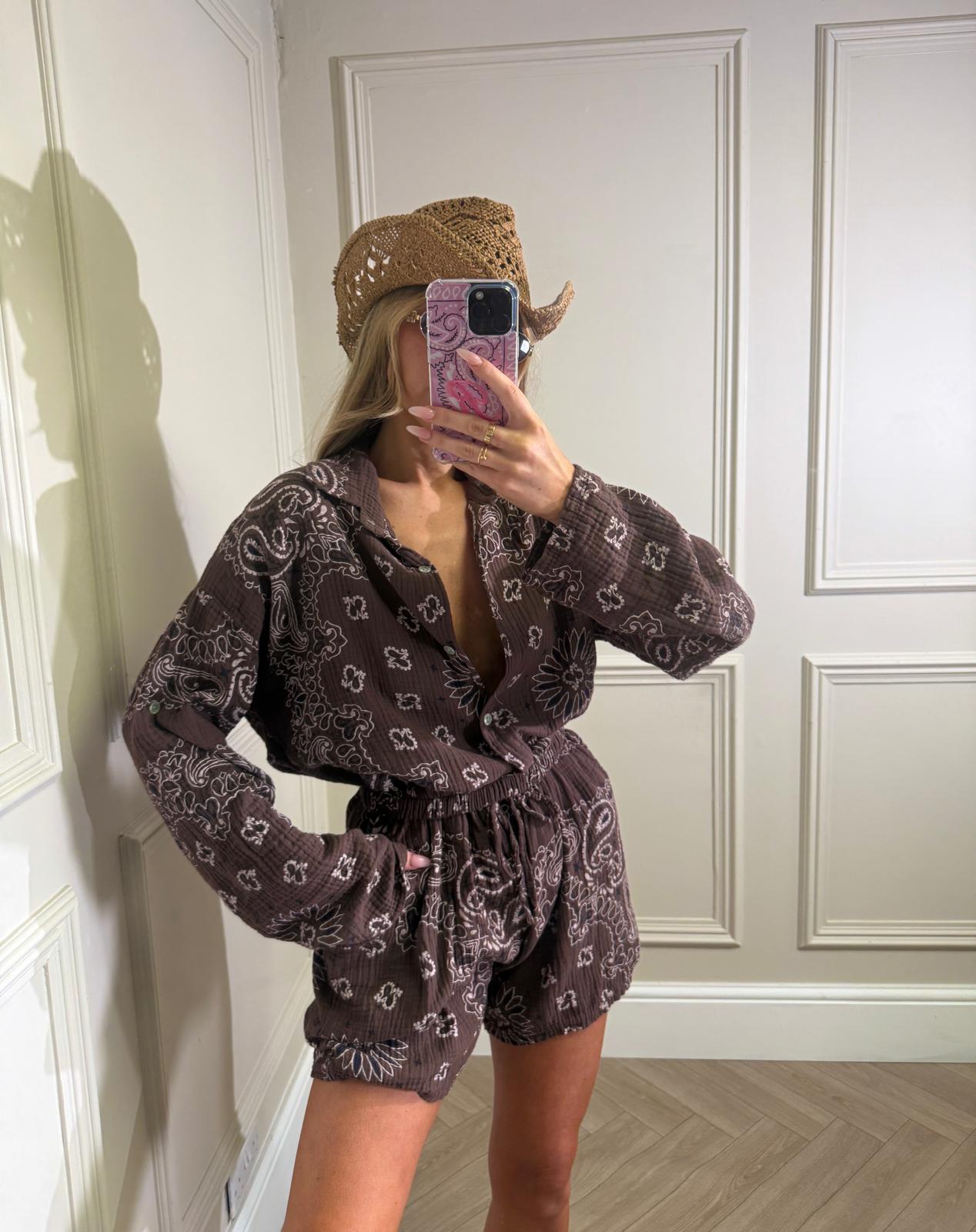 Bandana cheesecloth short co-ord - brown