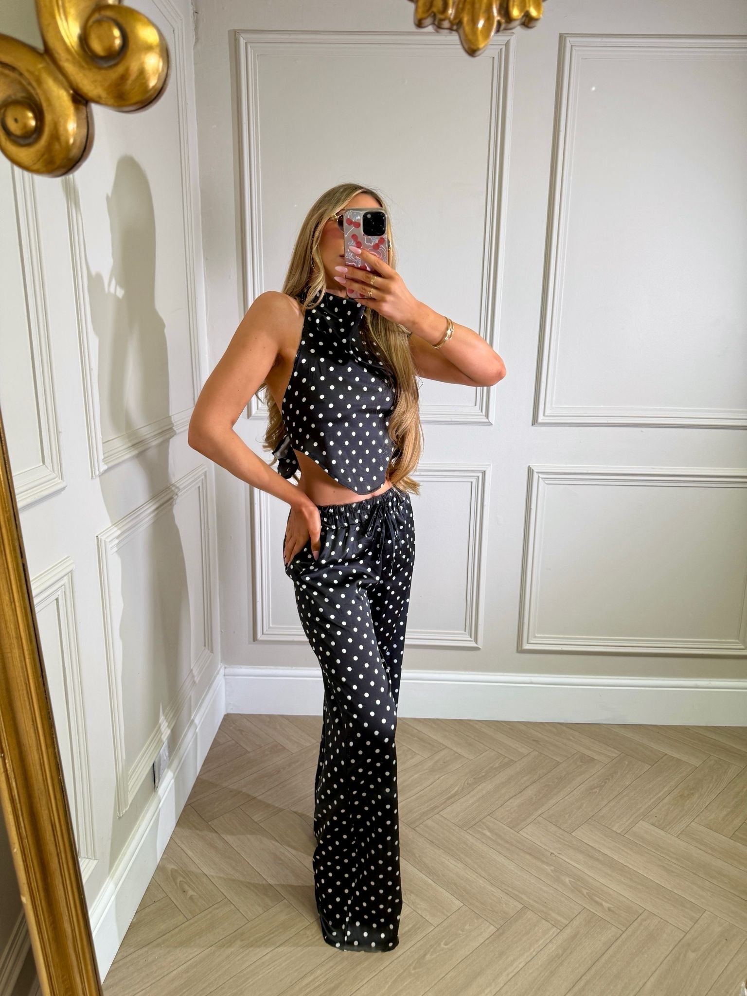 Halterneck dot trouser set - black