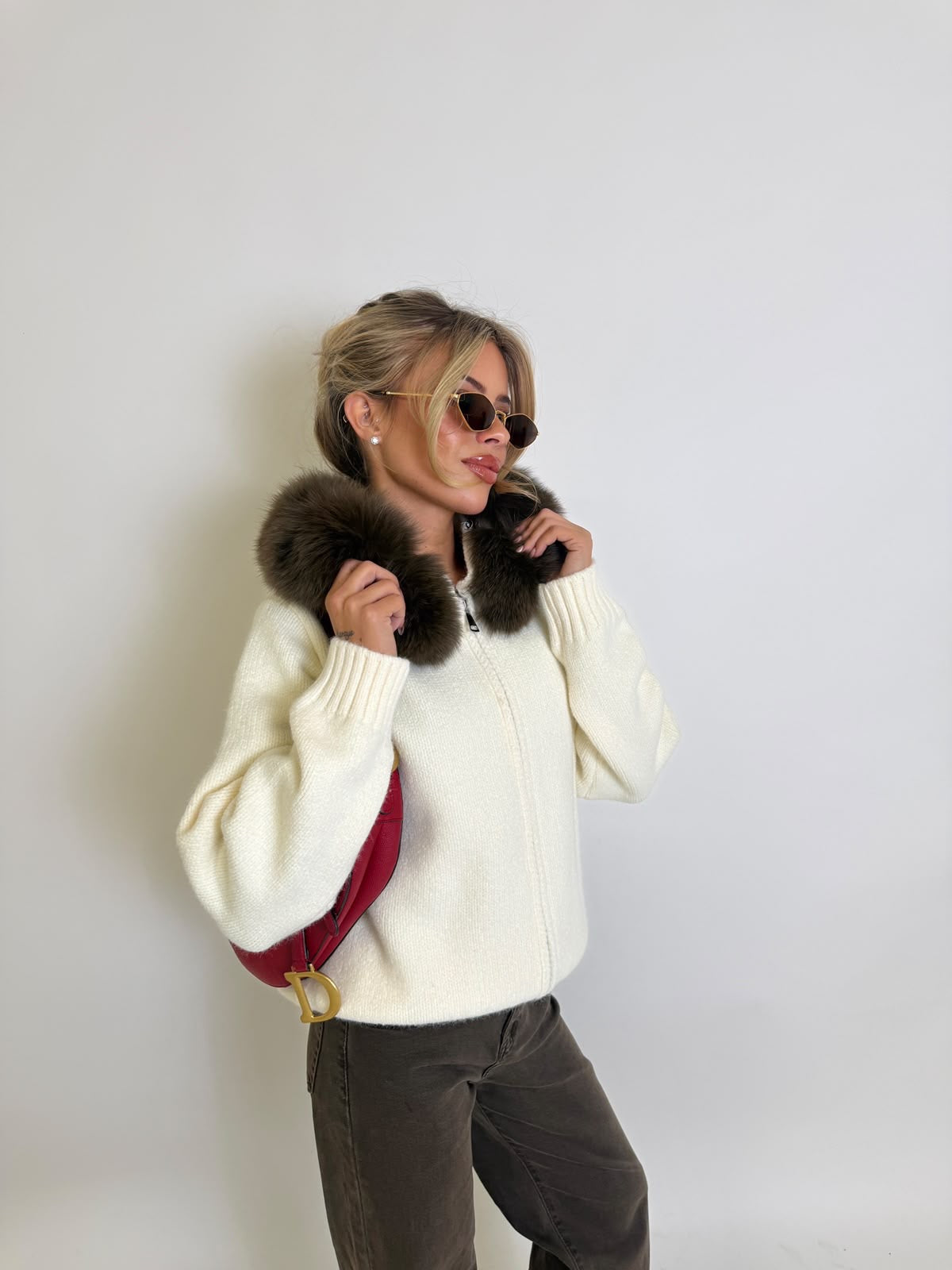 Luxury Fur Cardigan Jacket -  cream with brown fur PRE ORDER