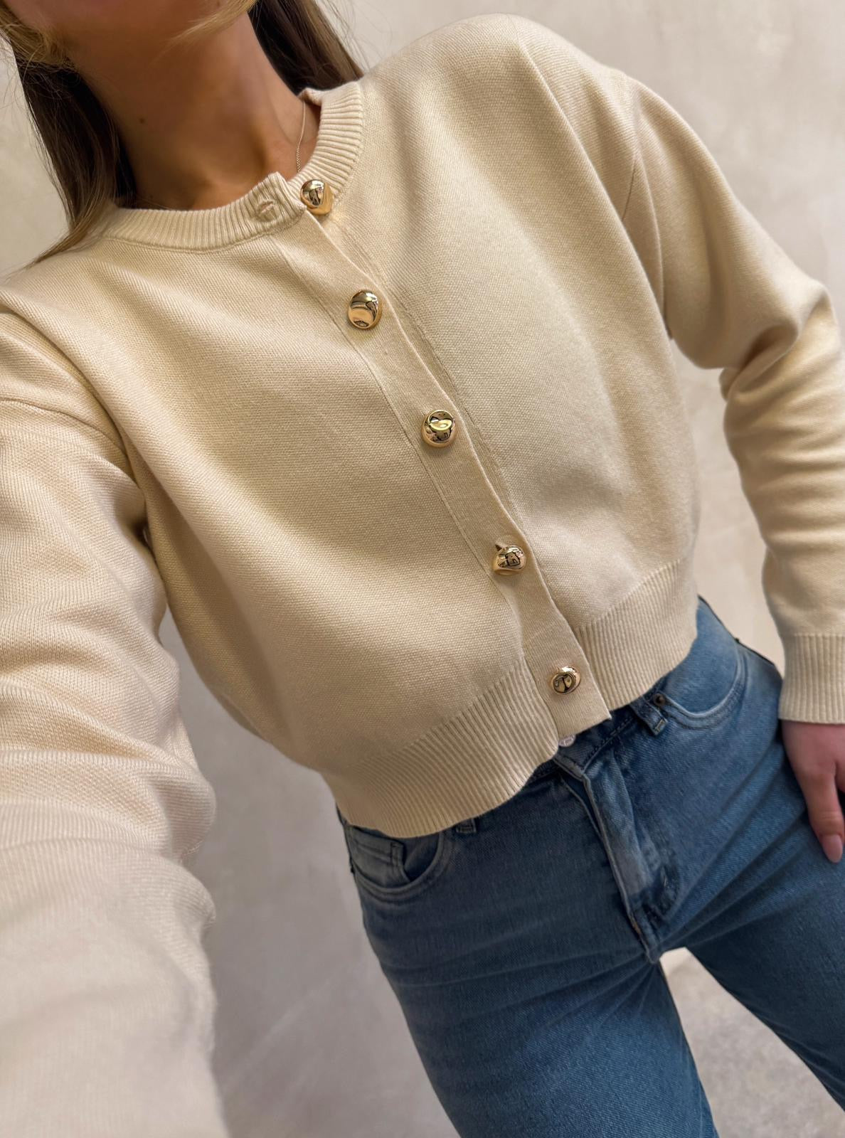 Gold button cropped cardigan - cream