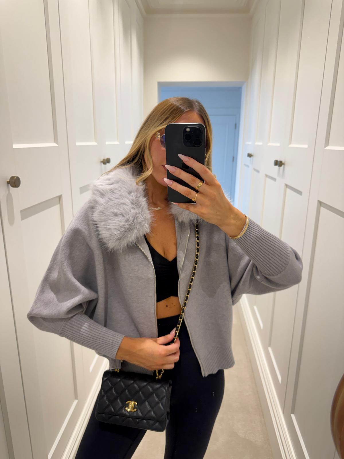 Collar fur cardigan - grey