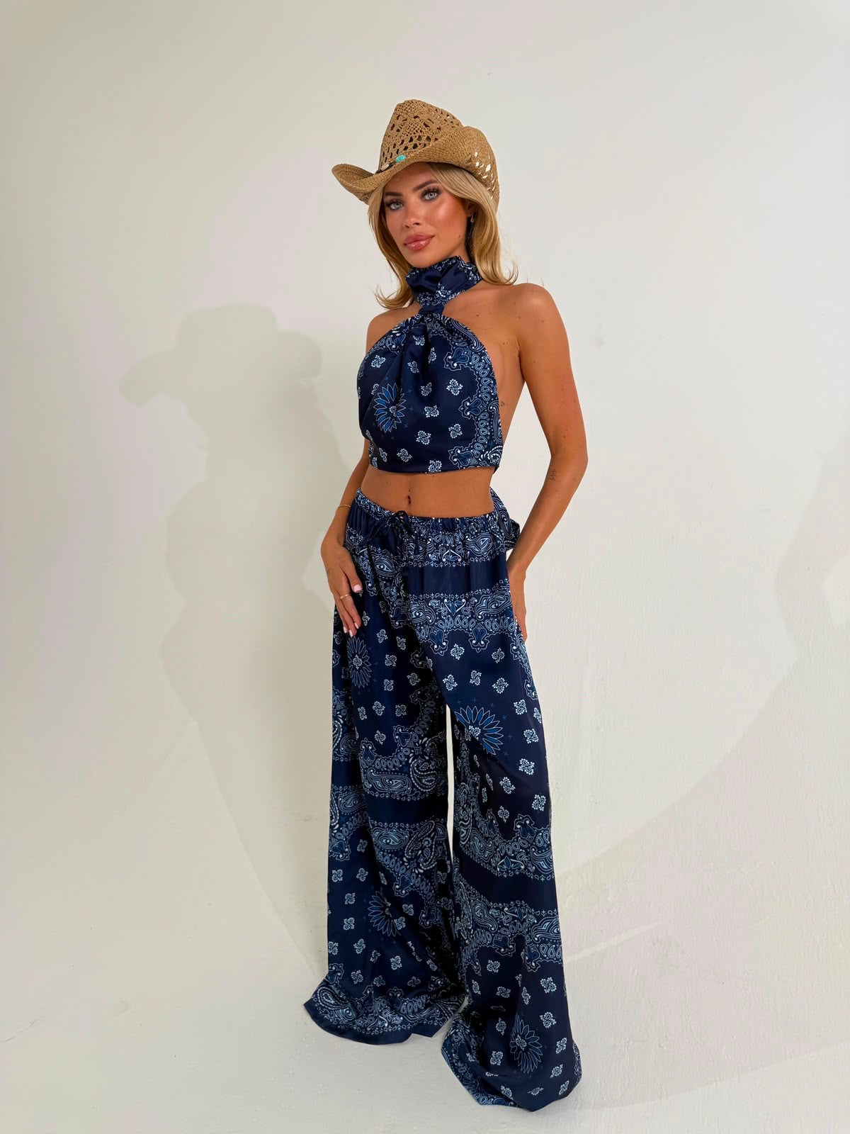 Bandana halter neck trouser set - navy