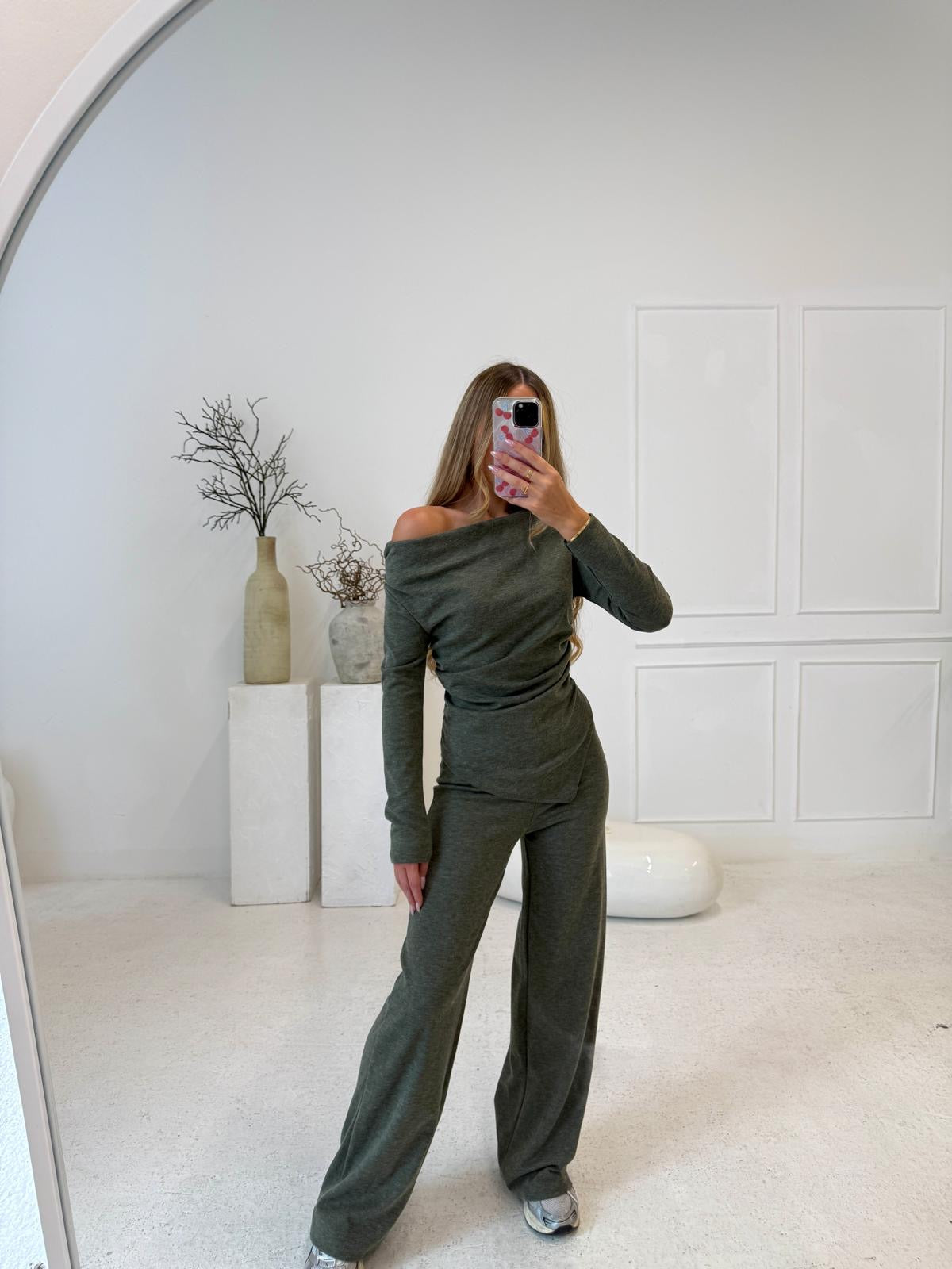 Knit asymmetric lounge set - khaki