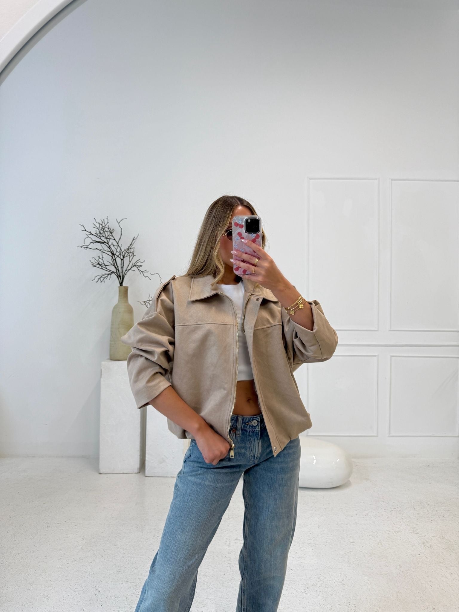 Suede zip jacket - taupe