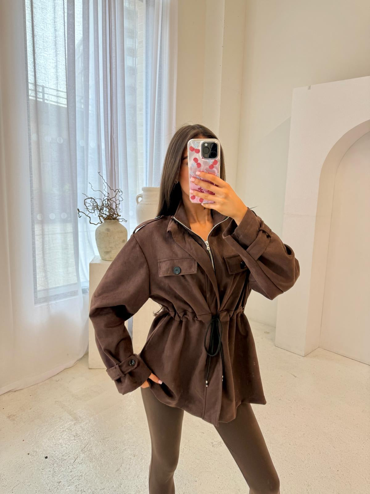 Suede pull in jacket - brown