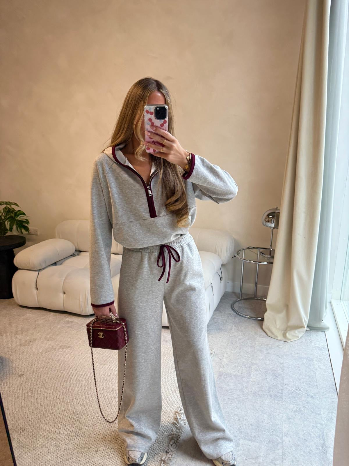 Half zip contrast tracksuit - grey & Burgundy