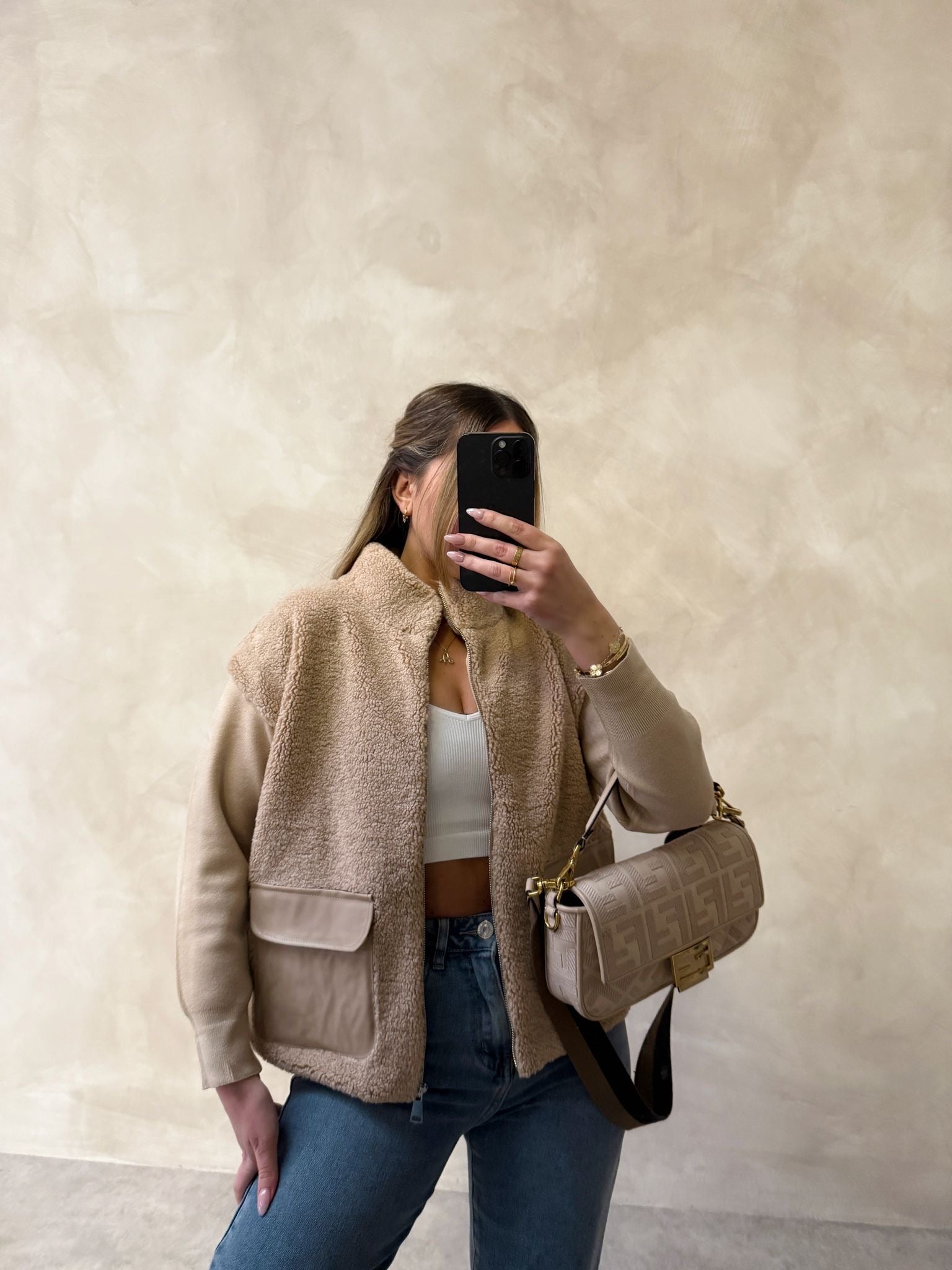 Knitted arm faux fur cardigan - beige