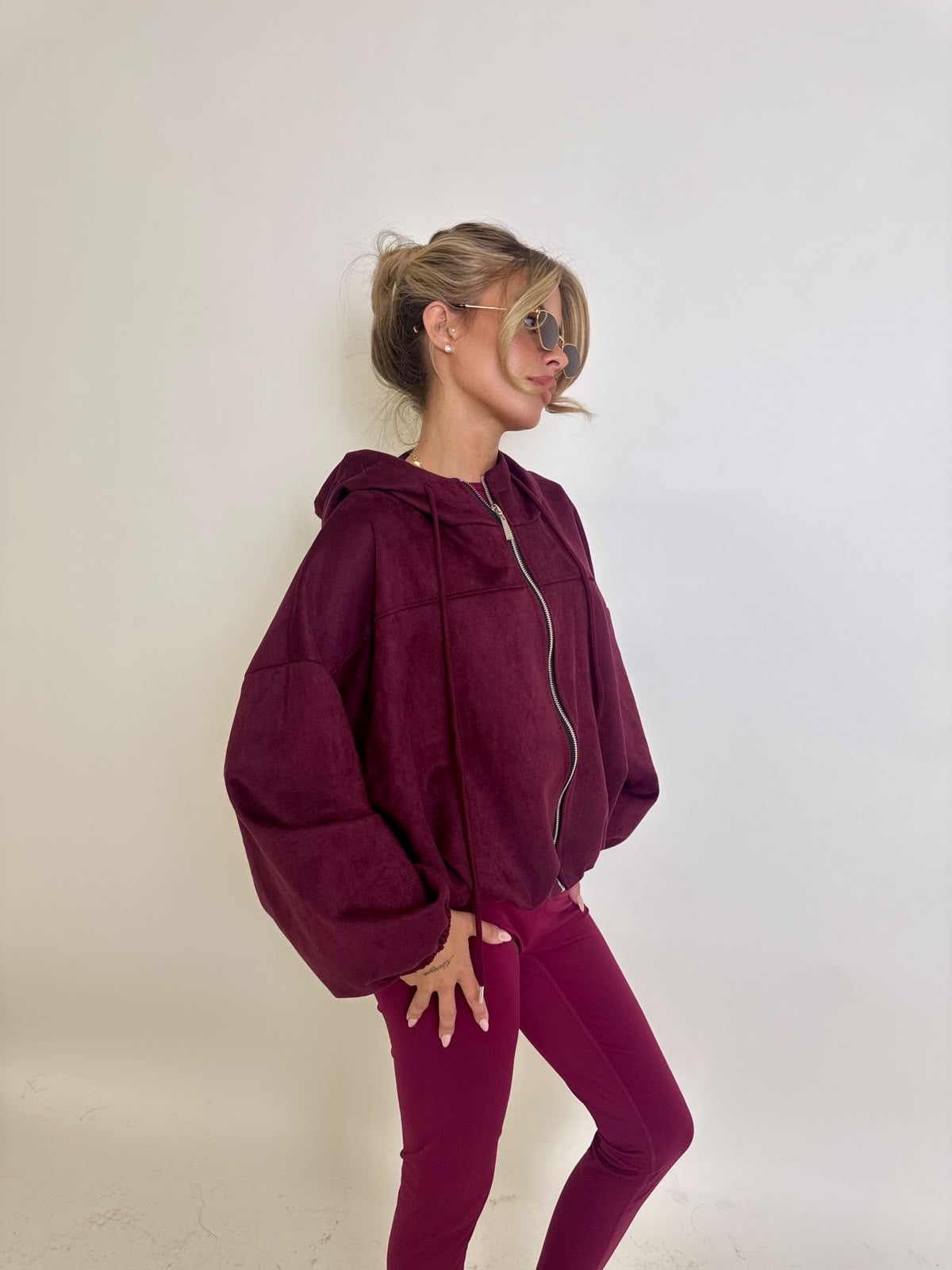 Suede hood bomber jacket - wine