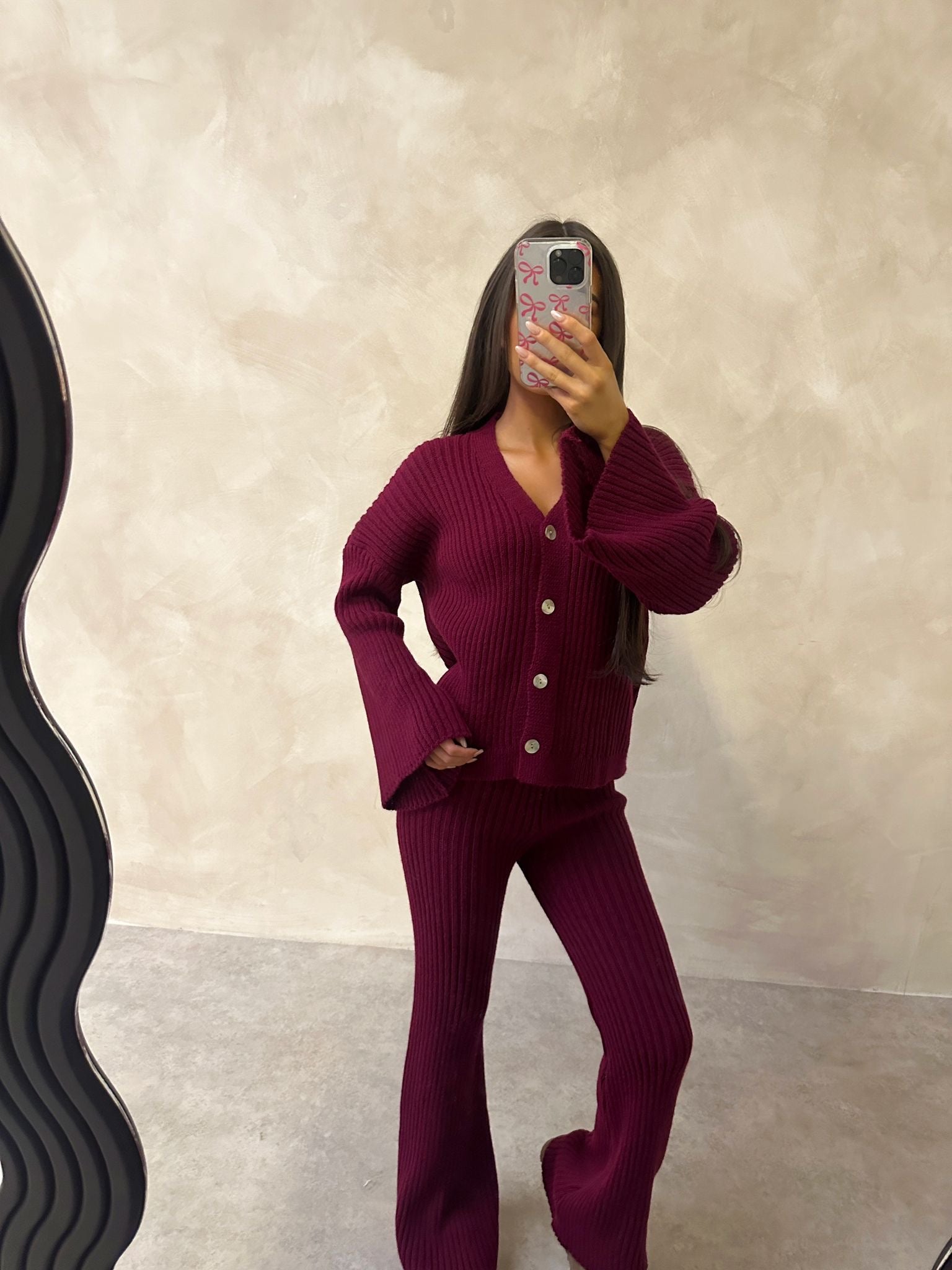 Knit cardigan lounge set - burgundy