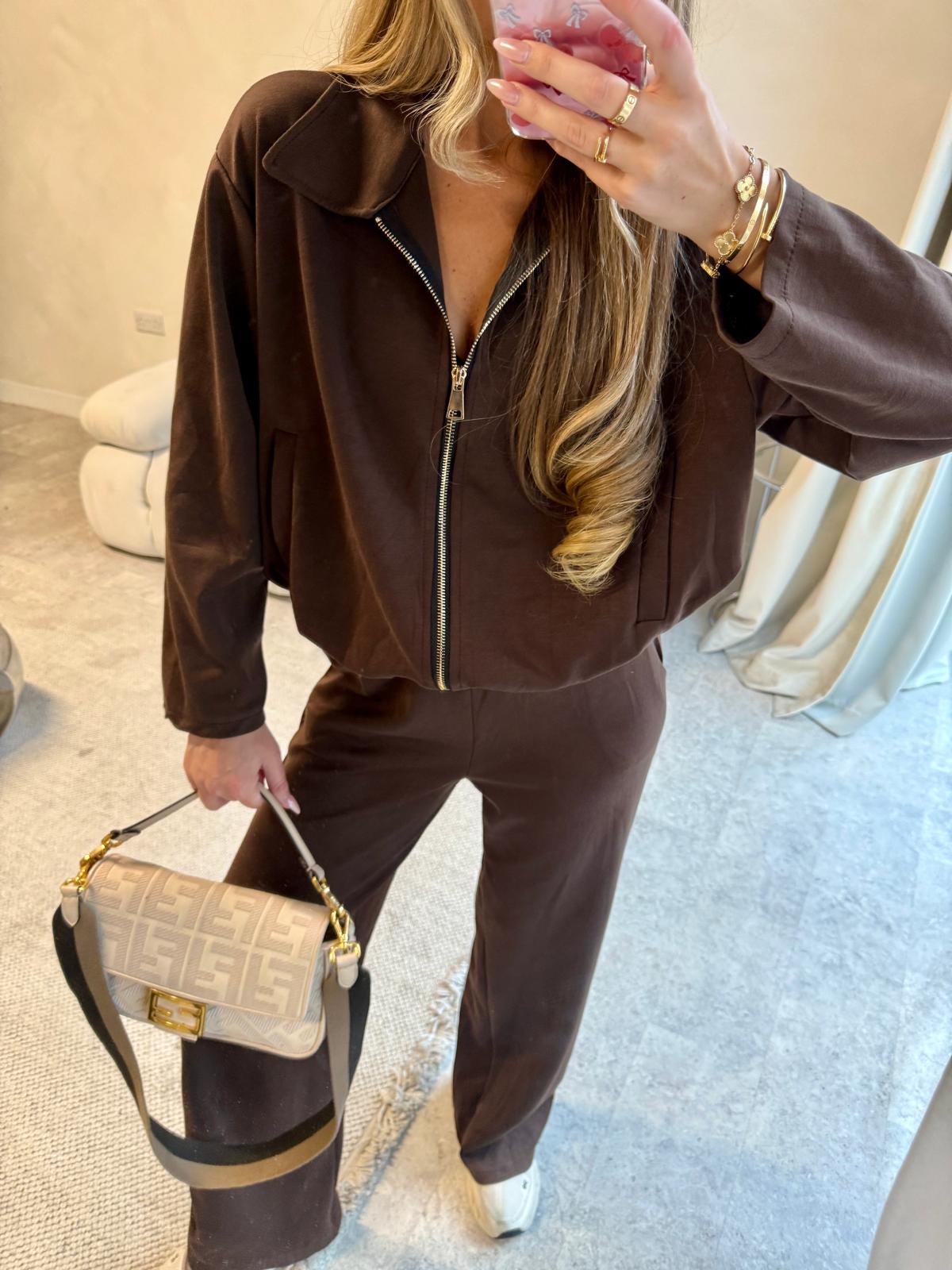 Collar zip lounge set - chocolate