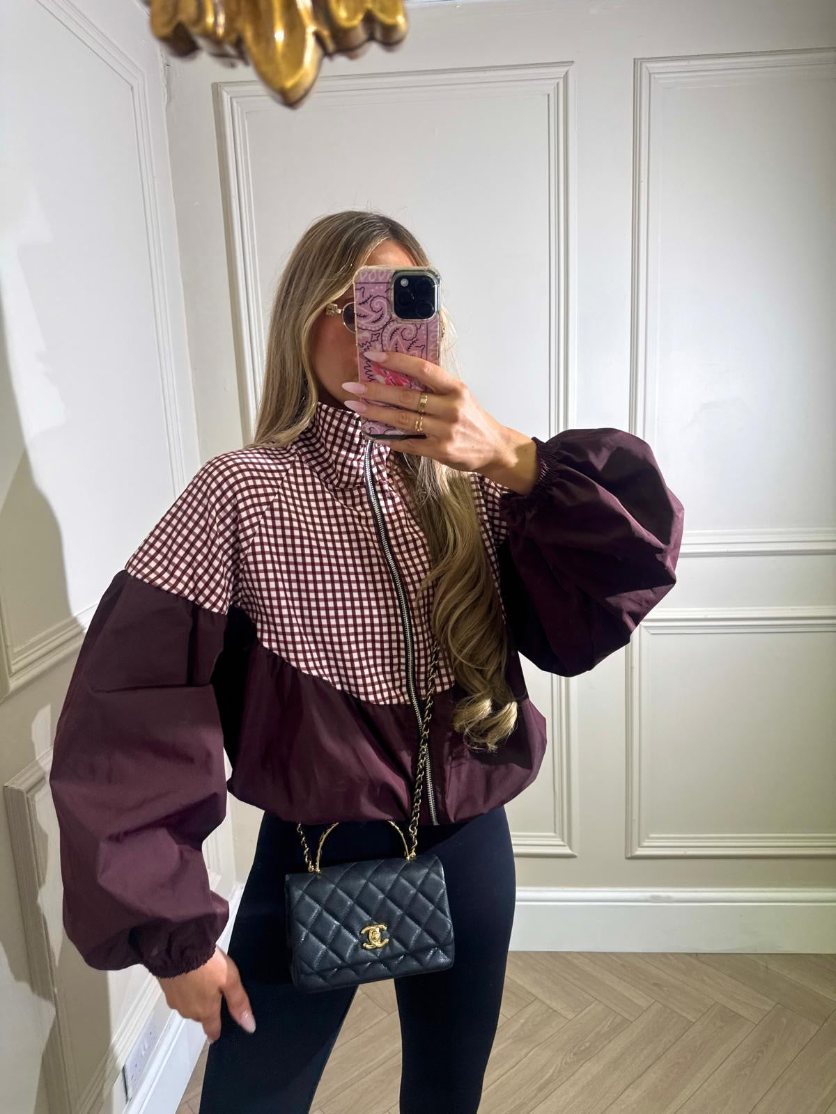 Puff arm gingham jacket - burgundy