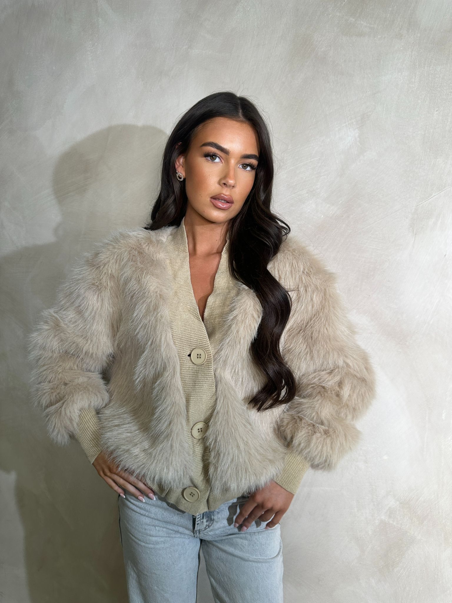 Luxury Faux Fur Cardigan - beige