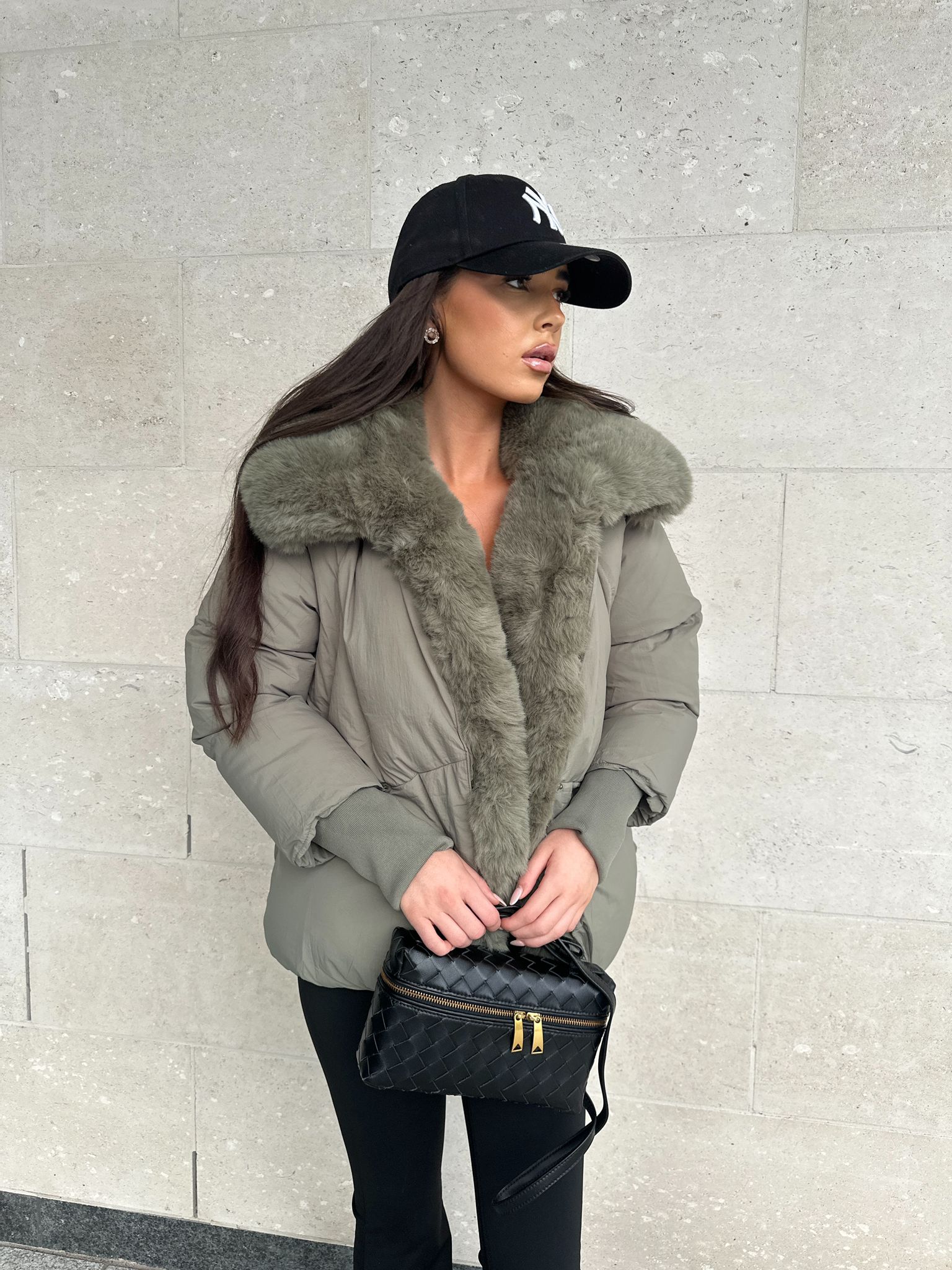 Faux Fur Collar Puffa Coat - Khaki