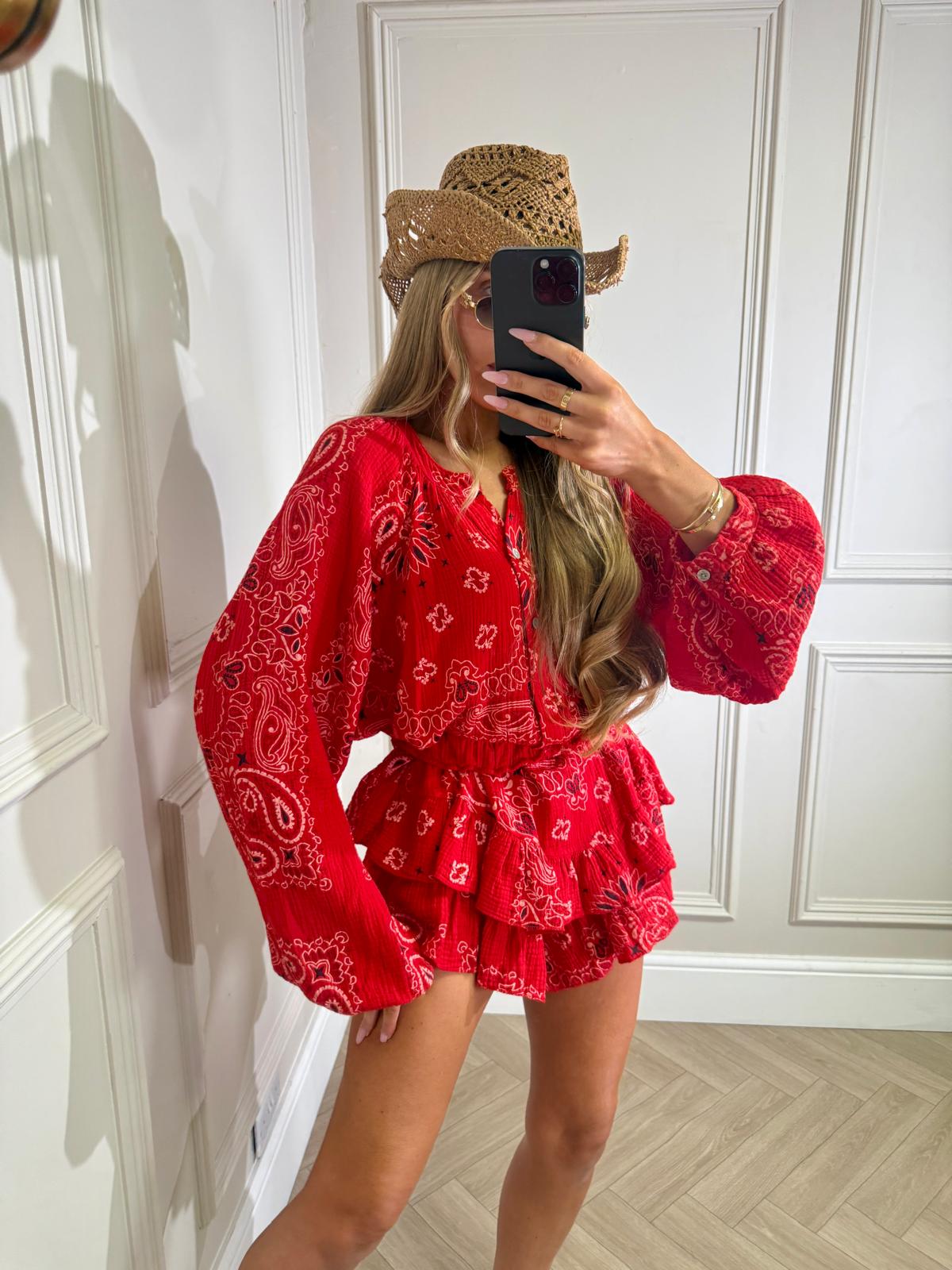 Grandad collar cheesecloth co-ord - Bandana red