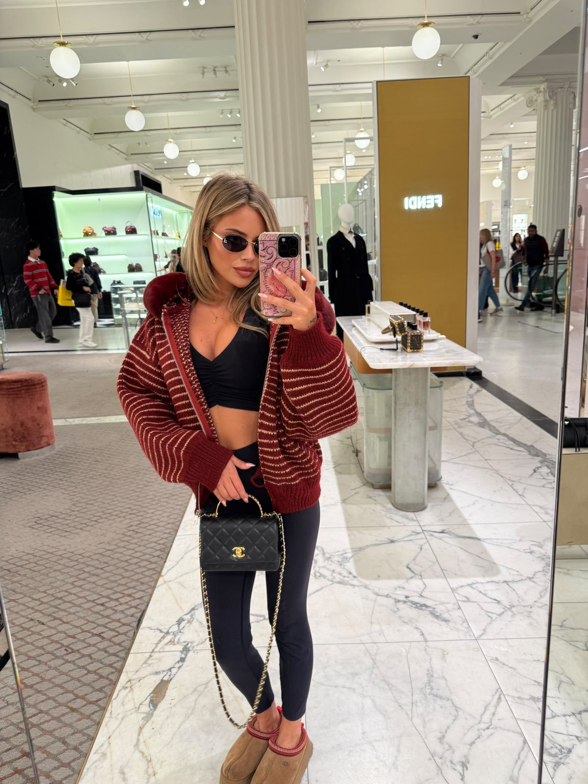Stripe faux fur cardigan - red