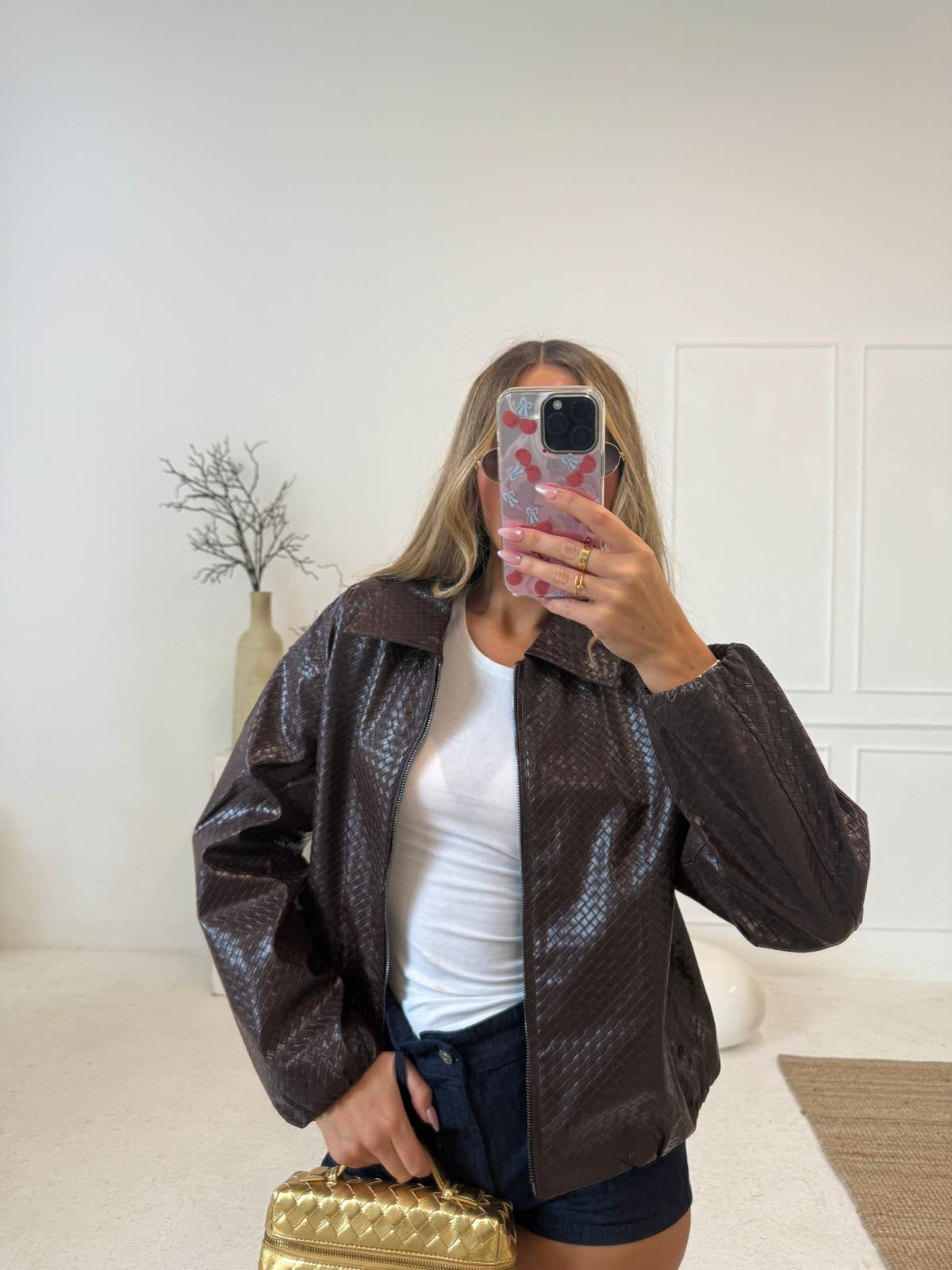 Faux leather texture collar jacket