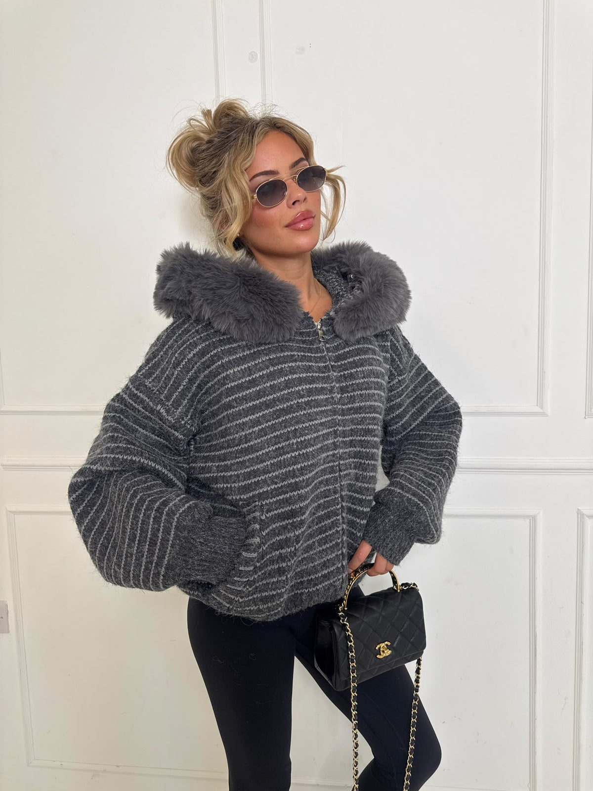 Stripe faux fur cardigan - grey
