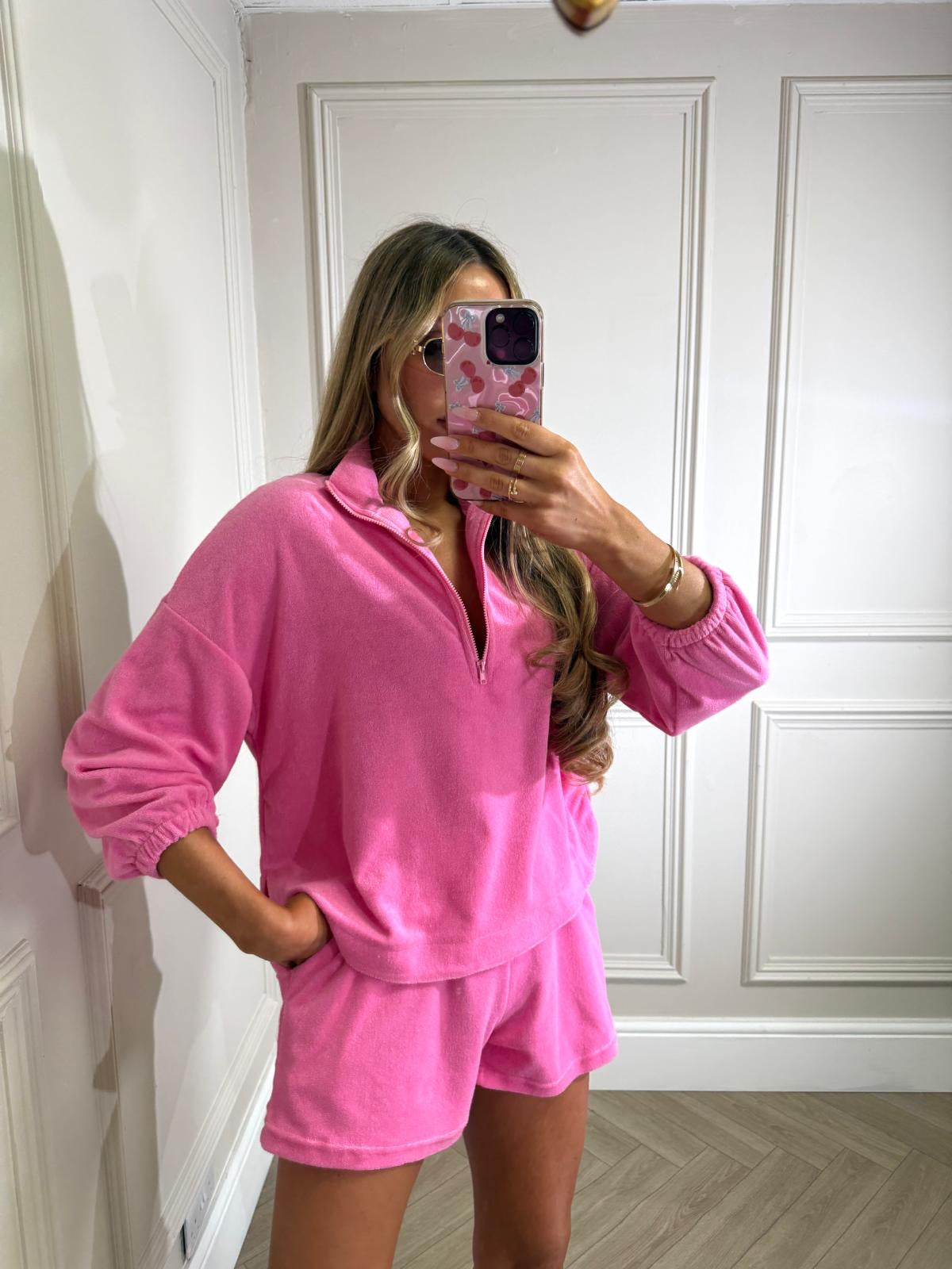 Towelling quarter zip set - pink