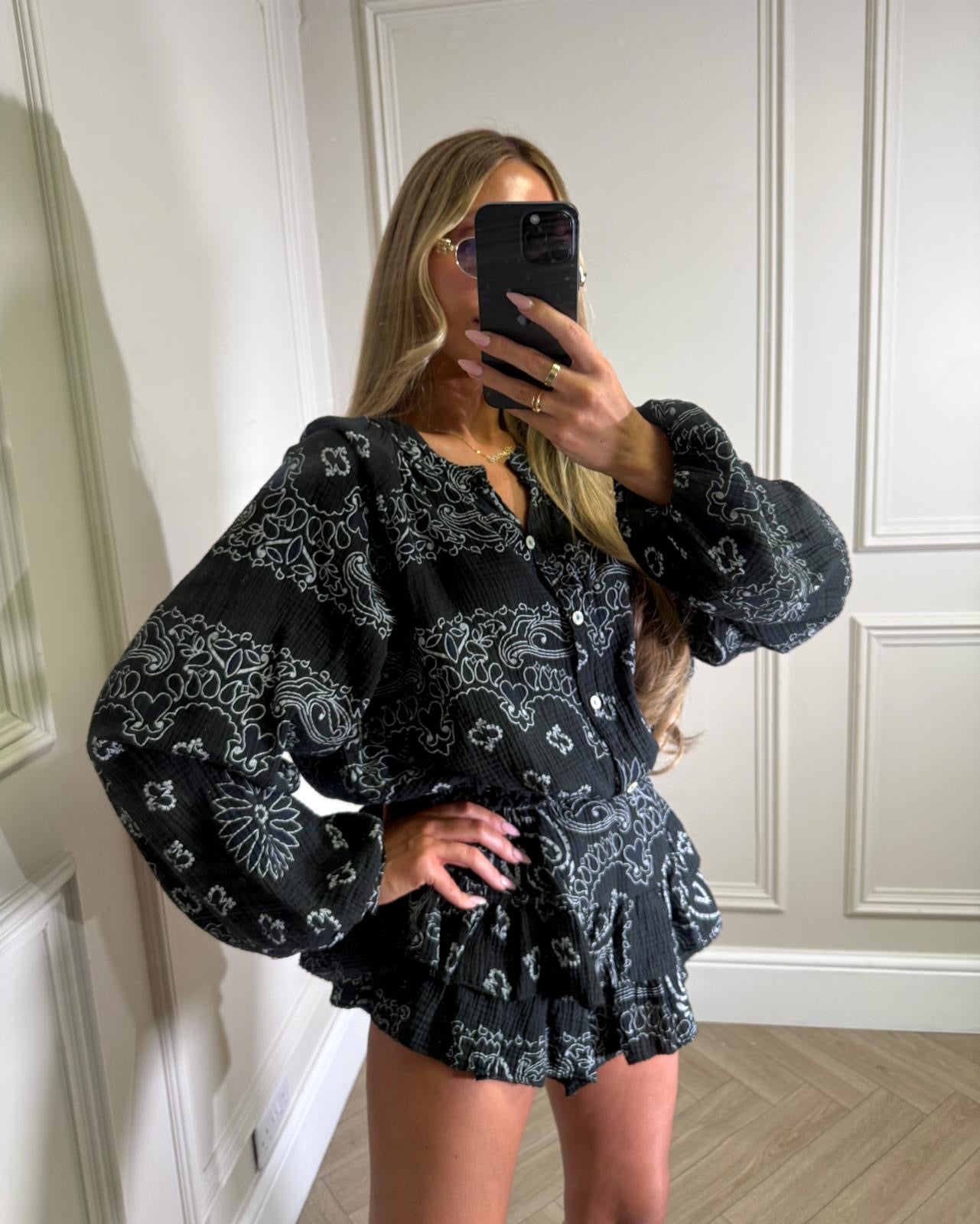 Grandad collar cheesecloth co-ord - Bandana black