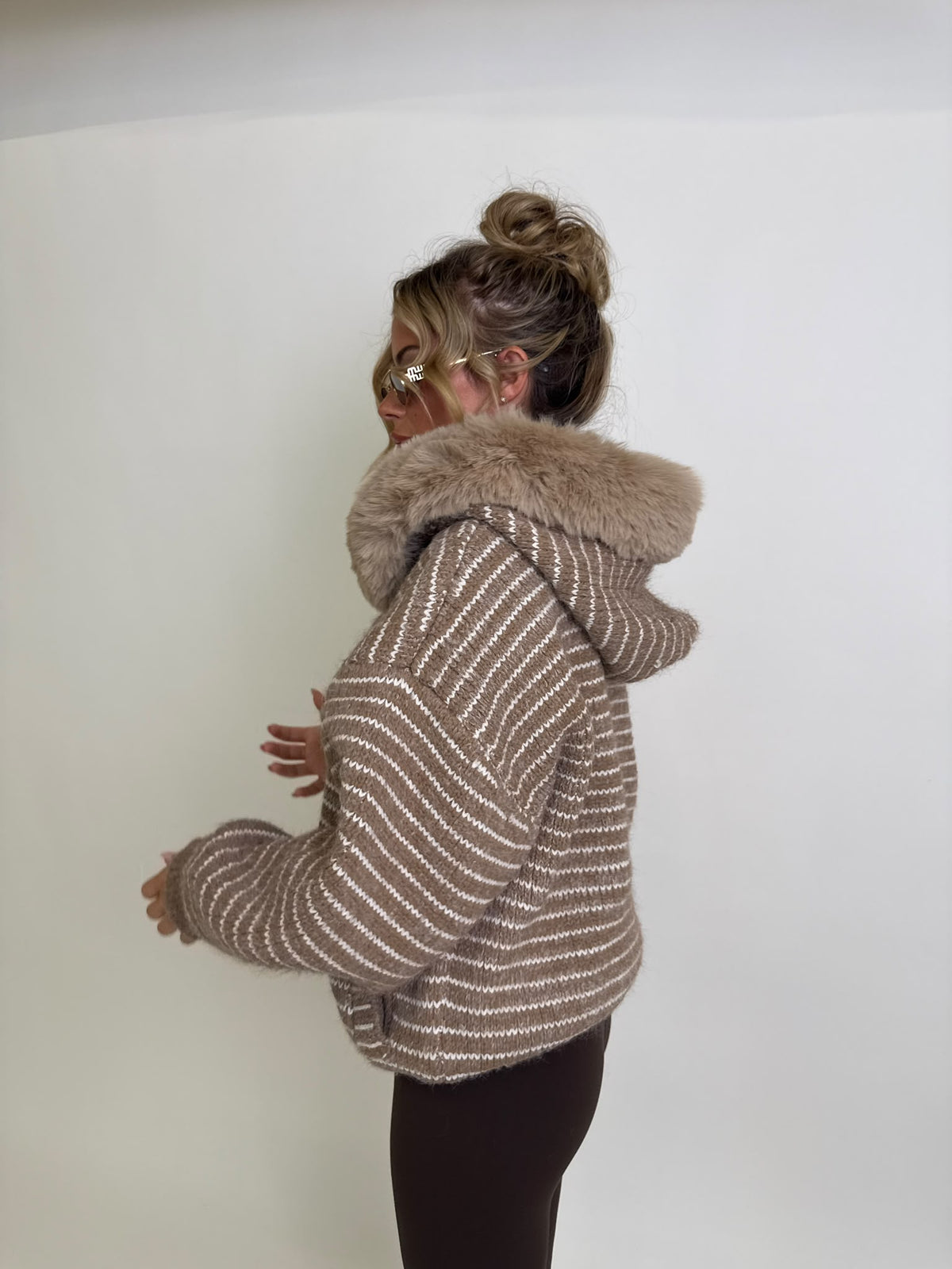 Stripe faux fur cardigan - beige