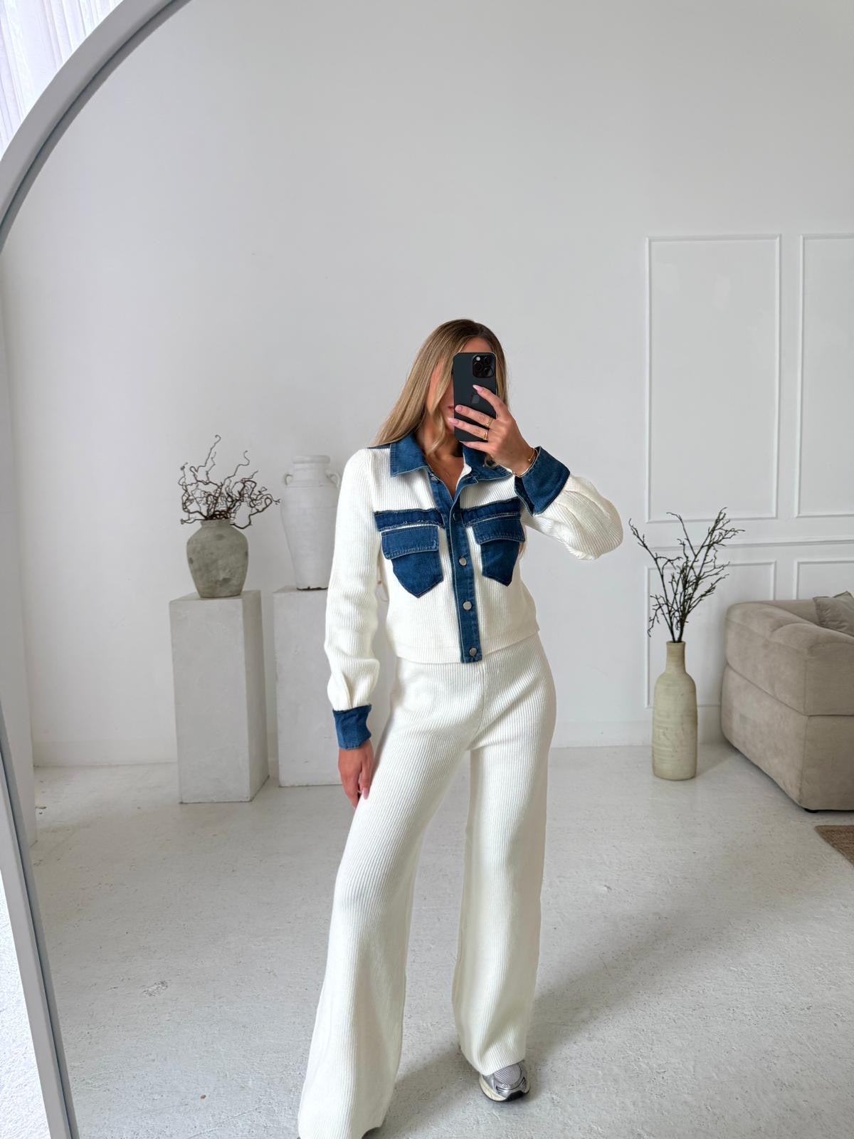 Collar Knit Denim Lounge Set - Cream