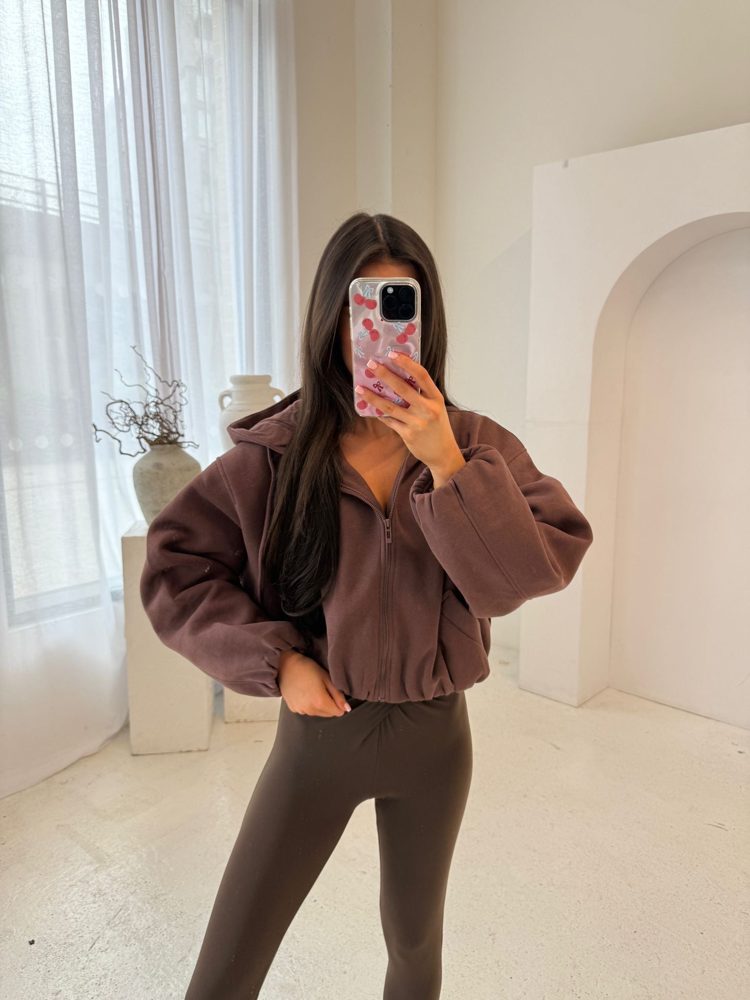 Bubble hem Zip Jumper - chocolate