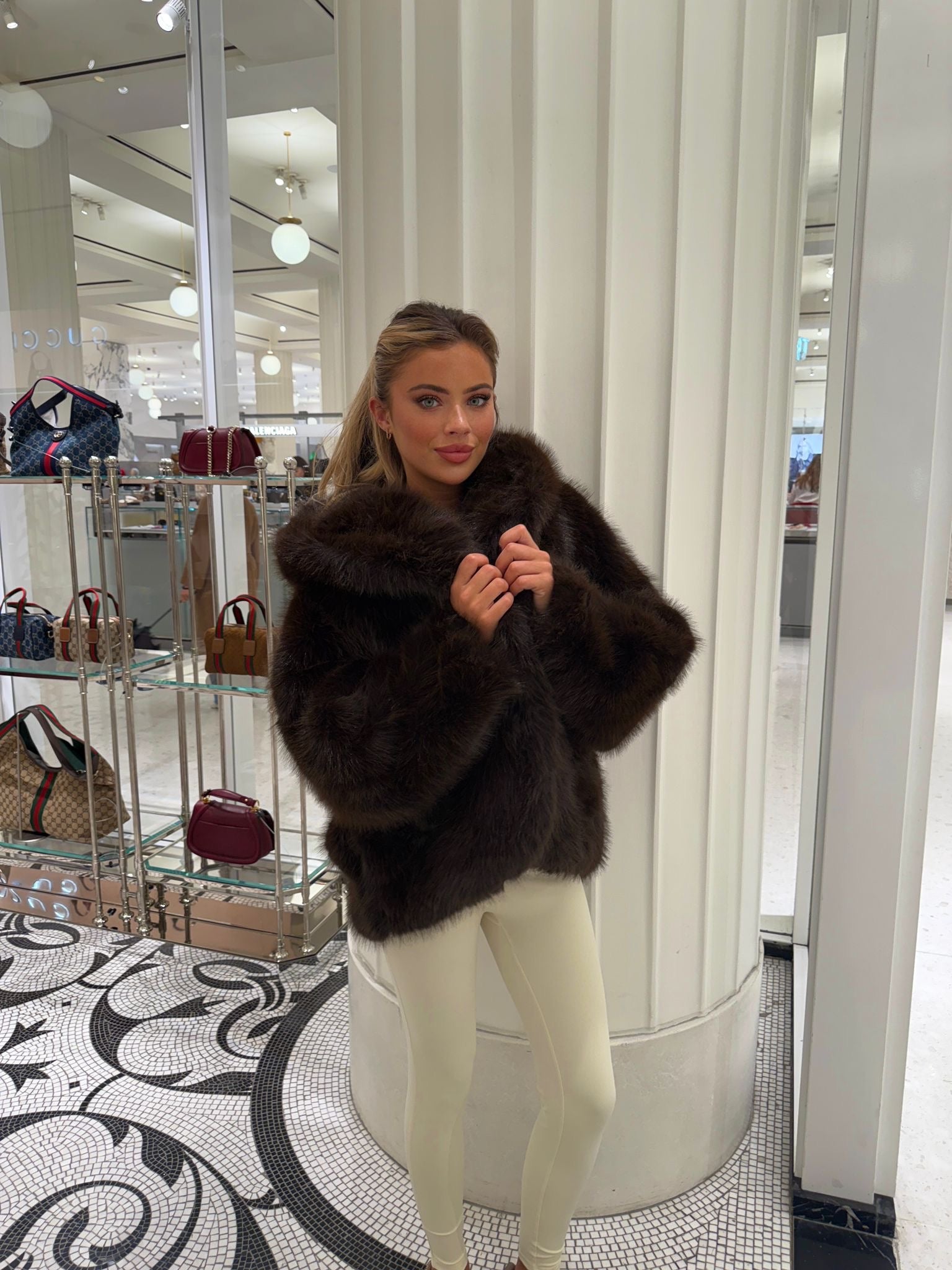 Hood Faux Fur Coat - Brown