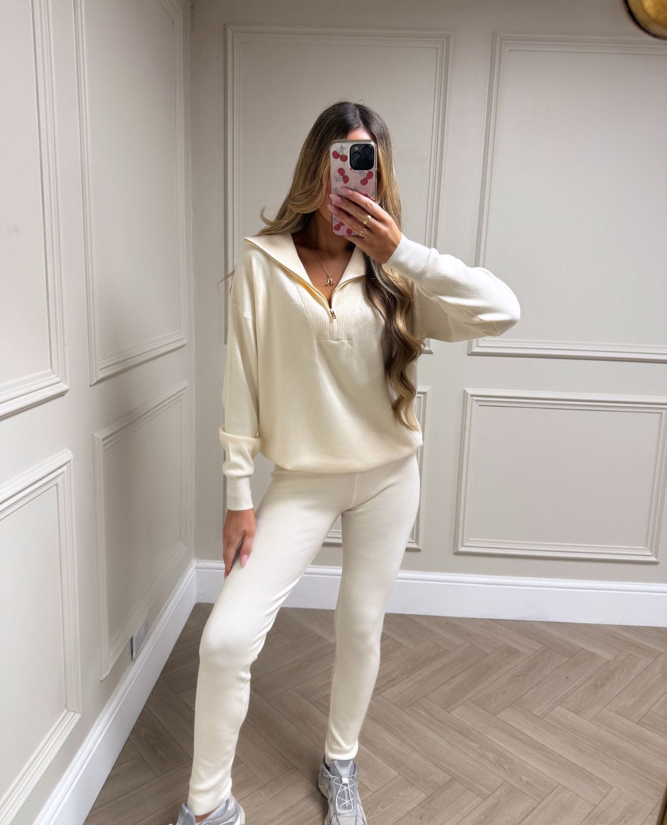 Quarter zip knit lounge set - cream