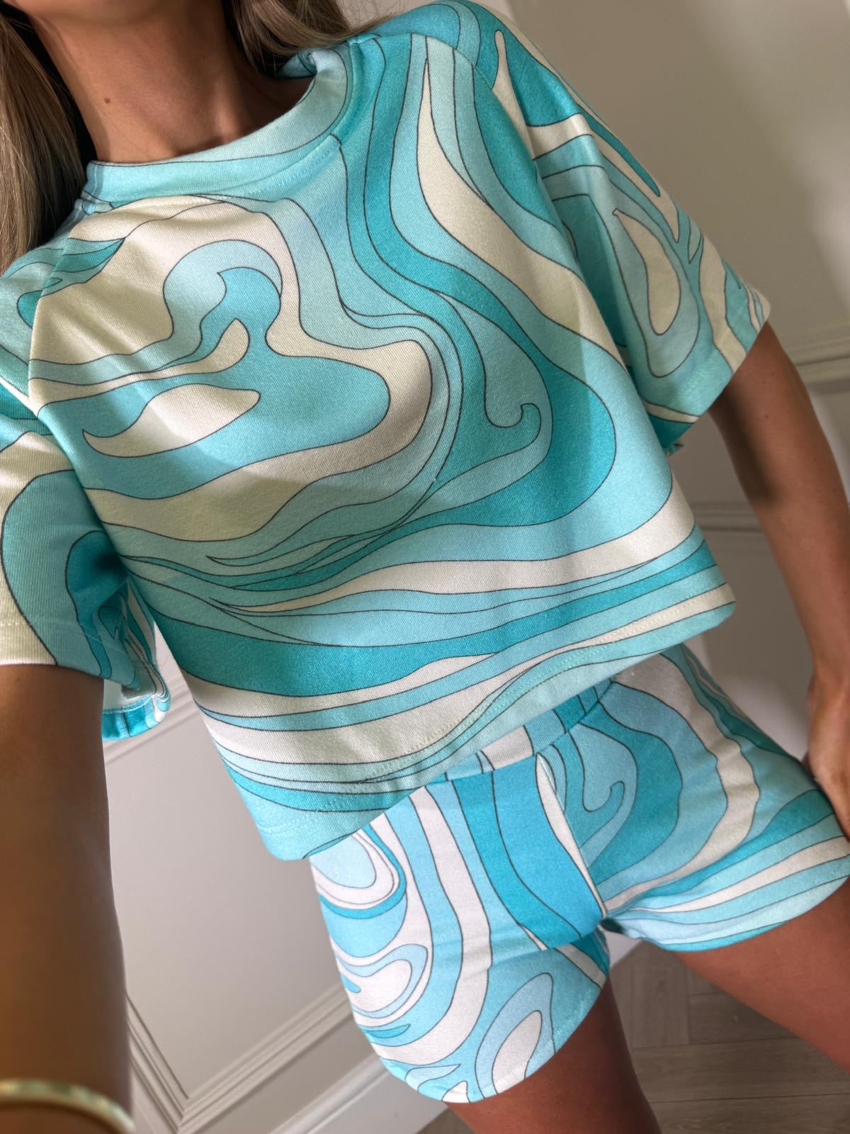Towelling pattern short set - blue