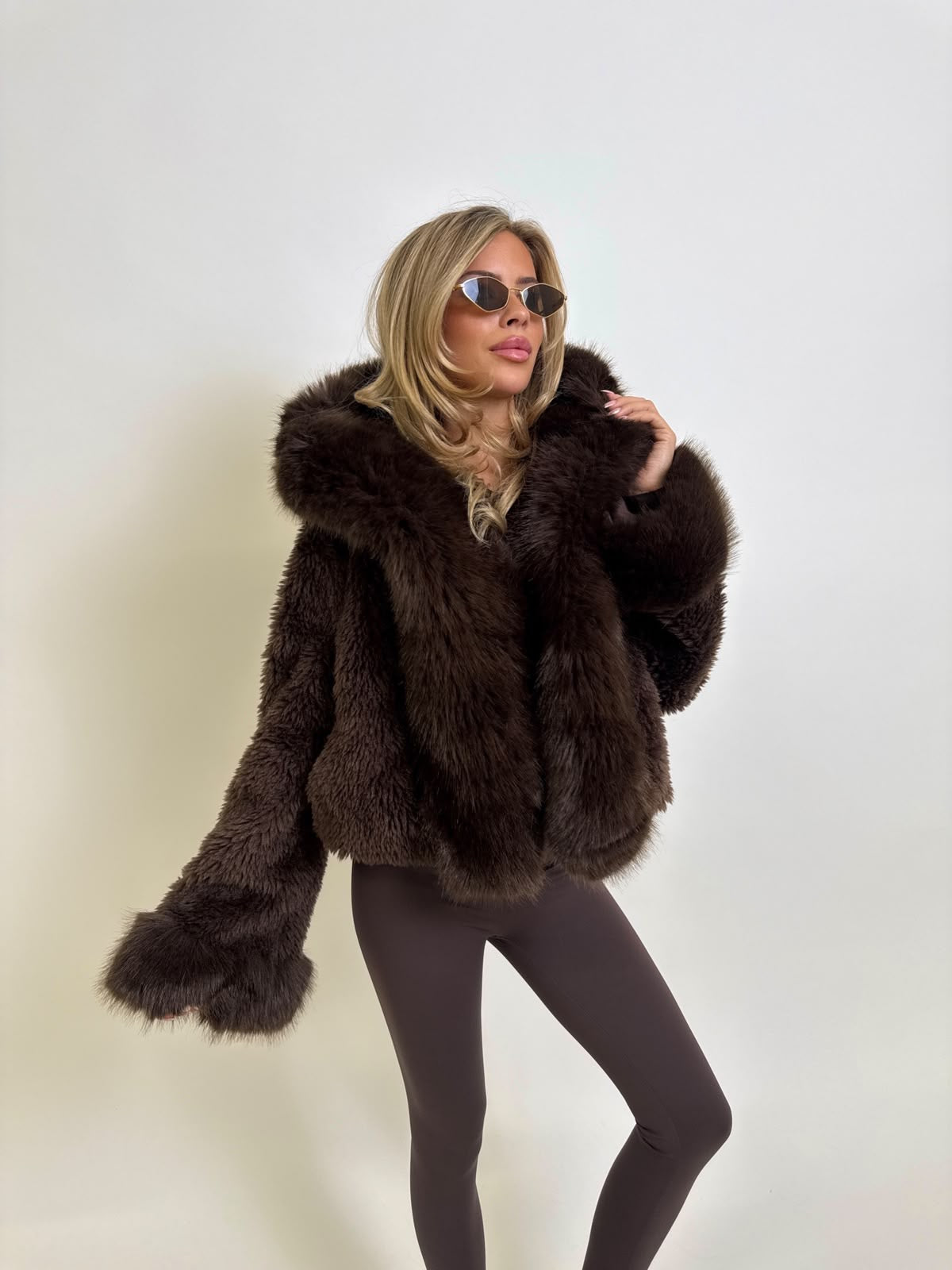 Faux Fur Coat With Hood - brown