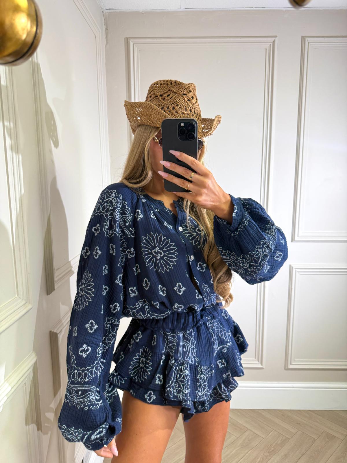 Grandad collar cheesecloth co-ord - Bandana navy
