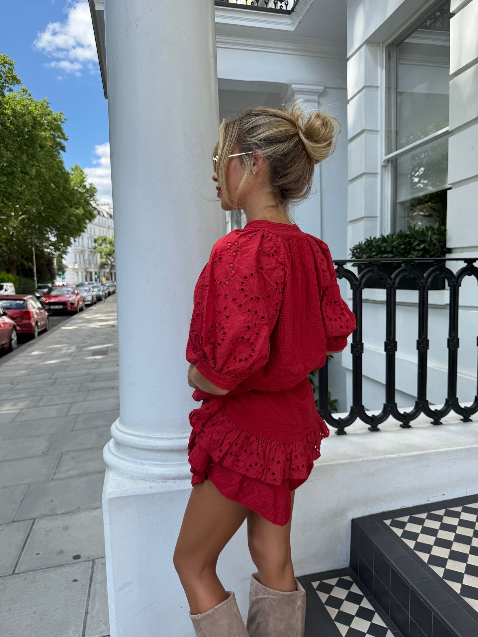 Cheesecloth co-ord anglaise sleeve - Red